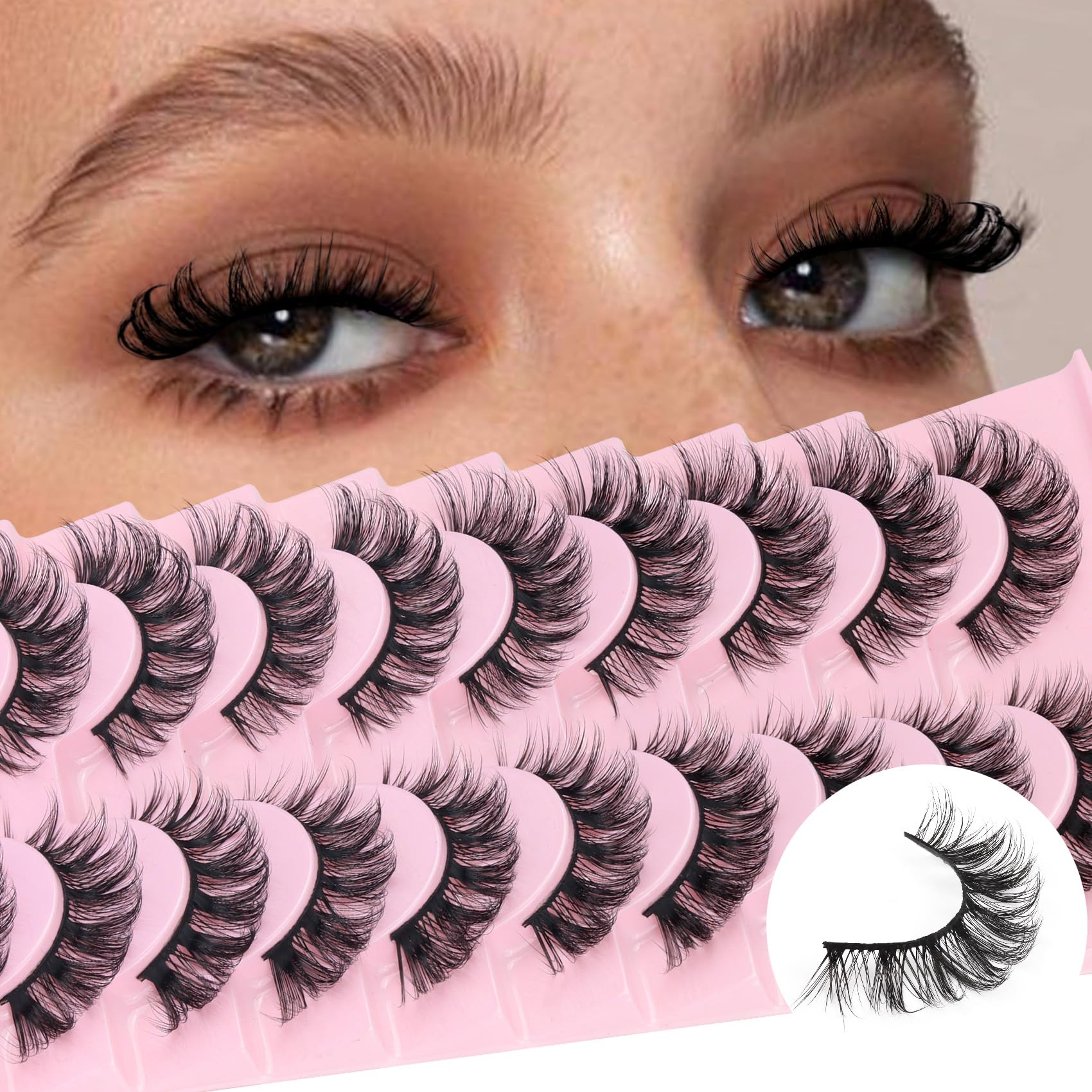 Veleasha Russian Strip Lashes DD Curl False Eyelashes Fluffy Wispy Faux Mink Lashes 10 Pairs Pack (D07)