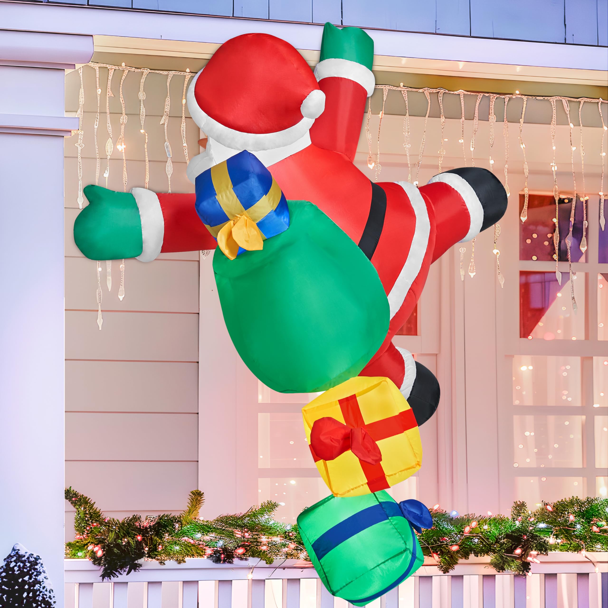 JOIEDOMI Papá Noel Inflable de Navidad de 6 pies de Alto con Bolsas de Regalo, Papá Noel Inflable para Colgar en Exteriores con Luces LED integradas para decoración de Fiestas navideñas
