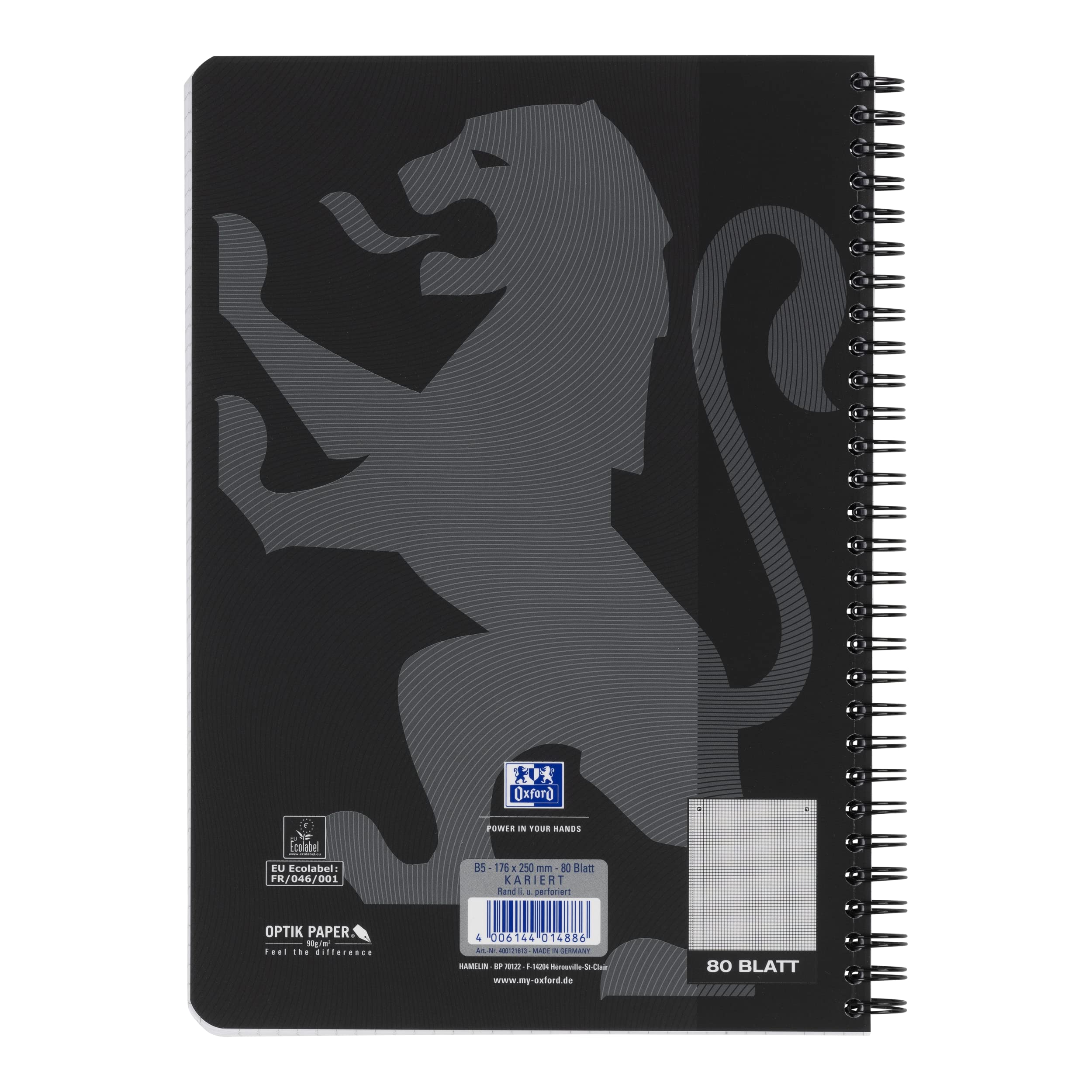 Oxford Touch Collegeblock B5 (17,6x25 cm) kariert mit Rand, 160 Seiten, schwarz, 5 Stück