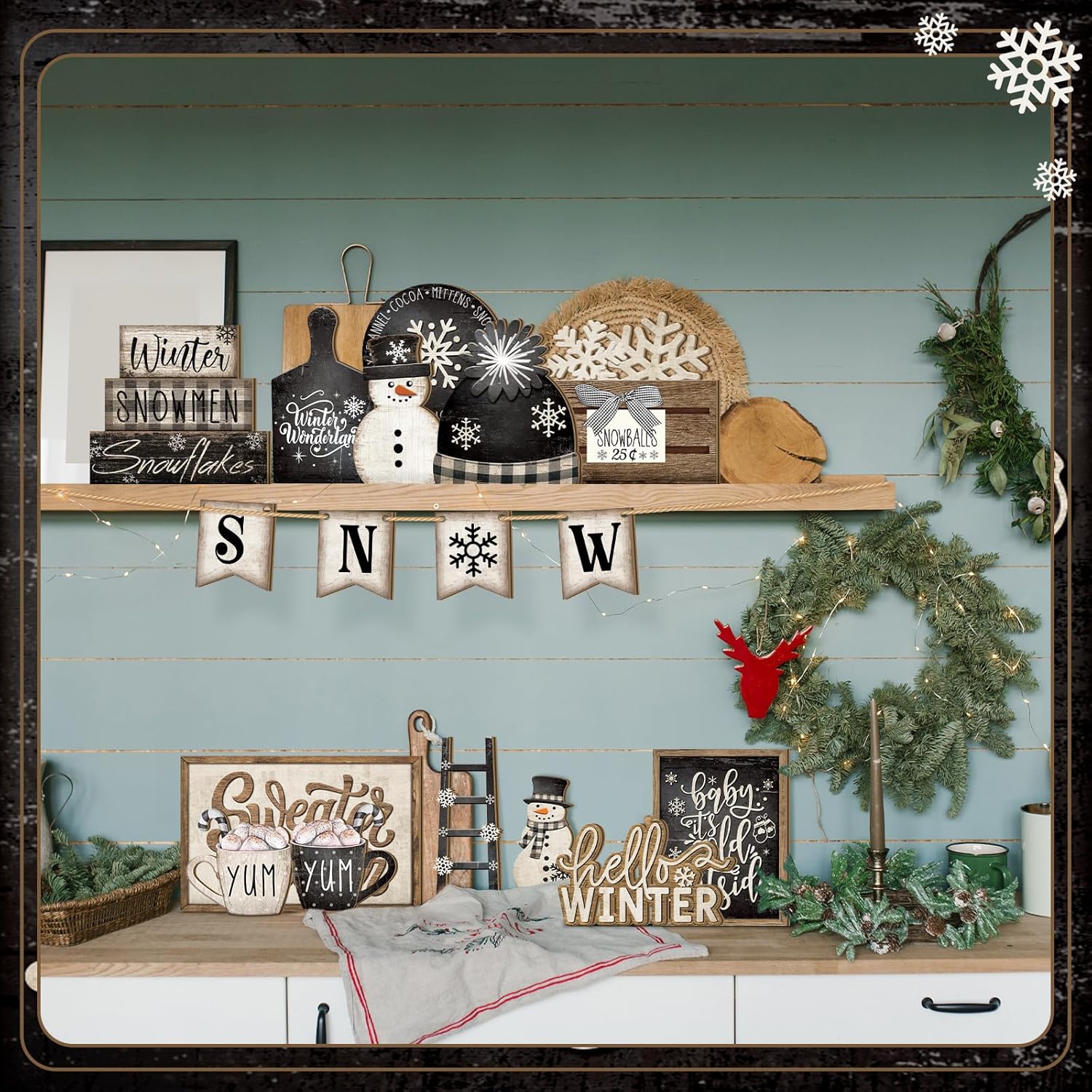 Nuogo 24 Pcs Winter Tiered Tray Decorations Set and 2 Tiered Tray Stand with Handle Winter Table Decoration Tabletop Snowman Decorations for Christmas Home Farmhouse Hot Cocoa