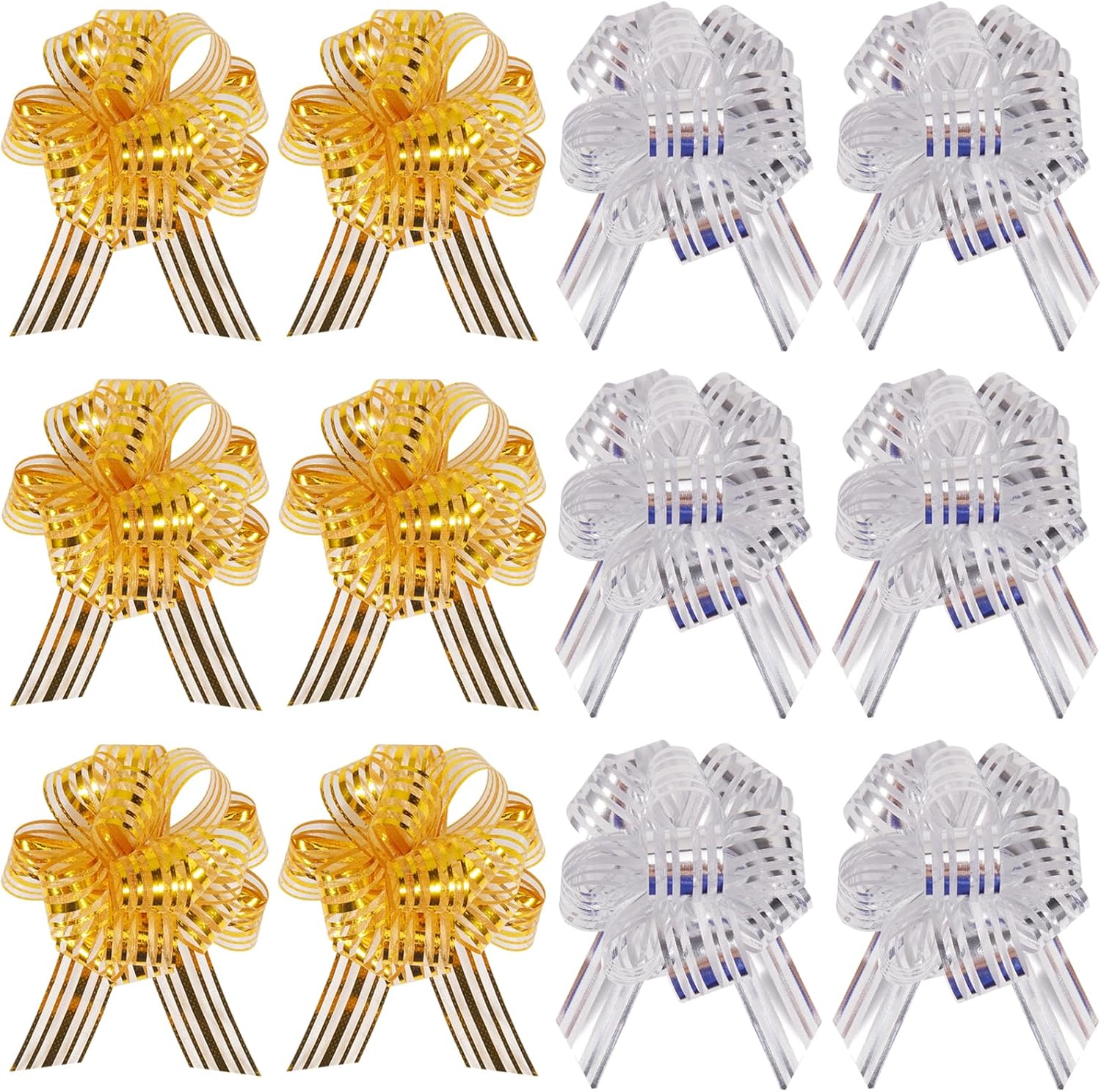 Gift Bow Warp Ribbon Pull Bows for Gift Wrapping Present Christmas Wedding Baskets Valentine‘s Day Flowers Holiday Decor Gift Boxes (Gold,Silver-A, 6 Inch)