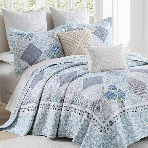 PANGUSHAN Juego de edredón de 100 % algodón, tamaño Queen, juego de ropa de cama Queen, edredón reversible floral de granja, edredón ligero para