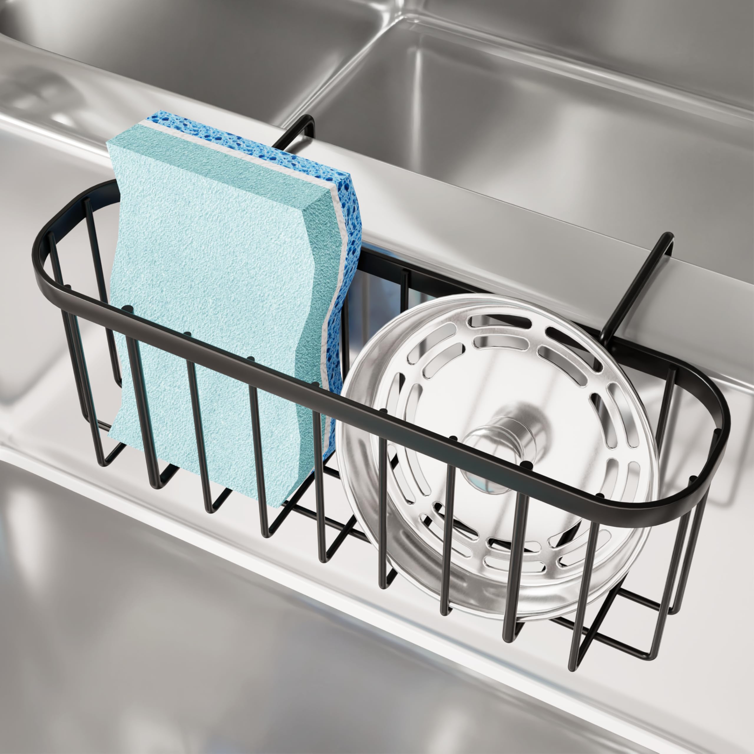 Sponge Holder for Kitchen Sink with Partition, Movable Kitchen Sink Caddy with Compact Size Stainless Steel Hanging Sink Sponge Caddy for Double Bowl Sinks, Black
