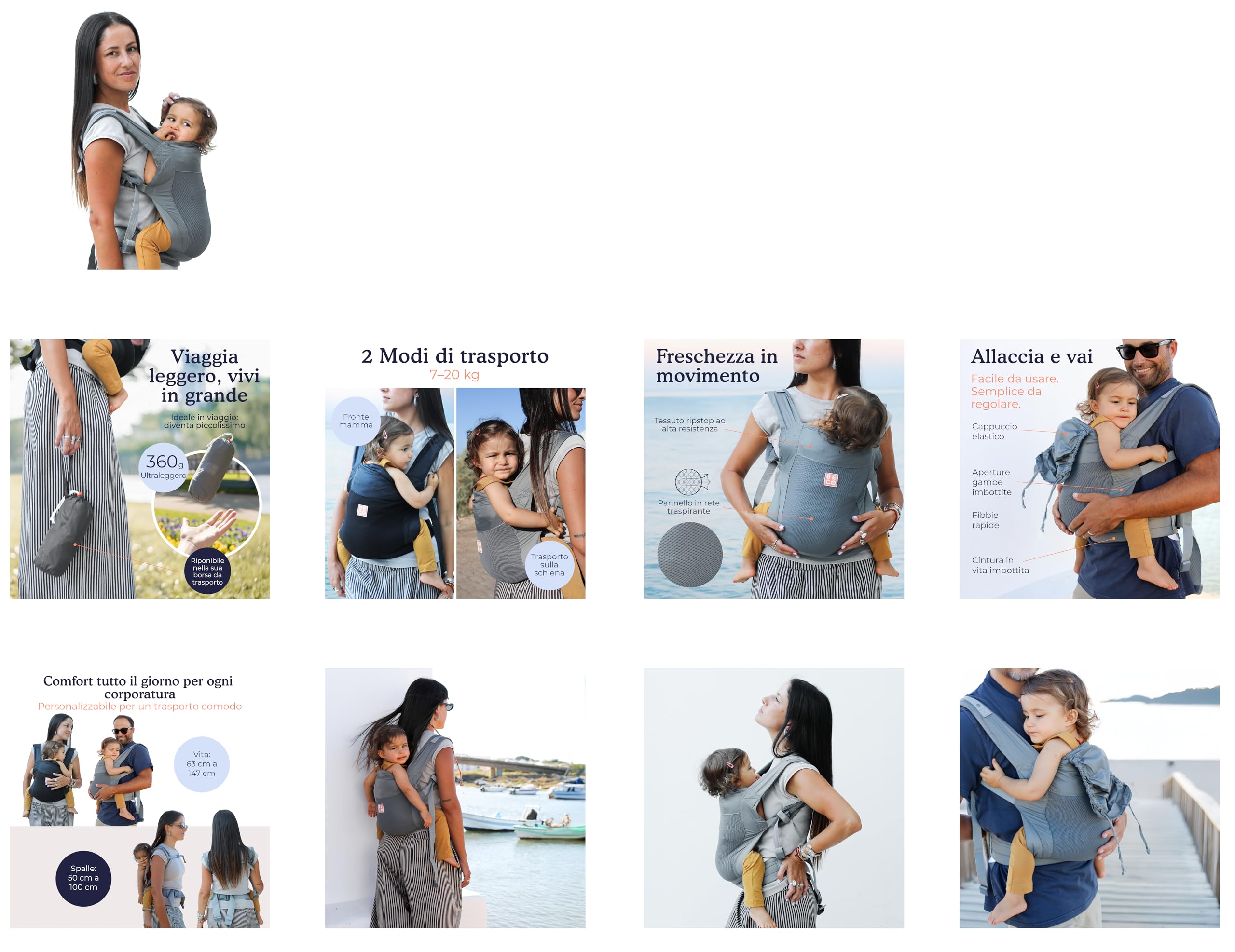 Beco Fly Ultralite Marsupio Neonati e Bambini – Compatto, Pieghevole e Leggero – Con Borsa da Trasporto, Posizione a "M" Ergonomica, Fronte Mamma e Zaino (7–20 kg) - Grigio