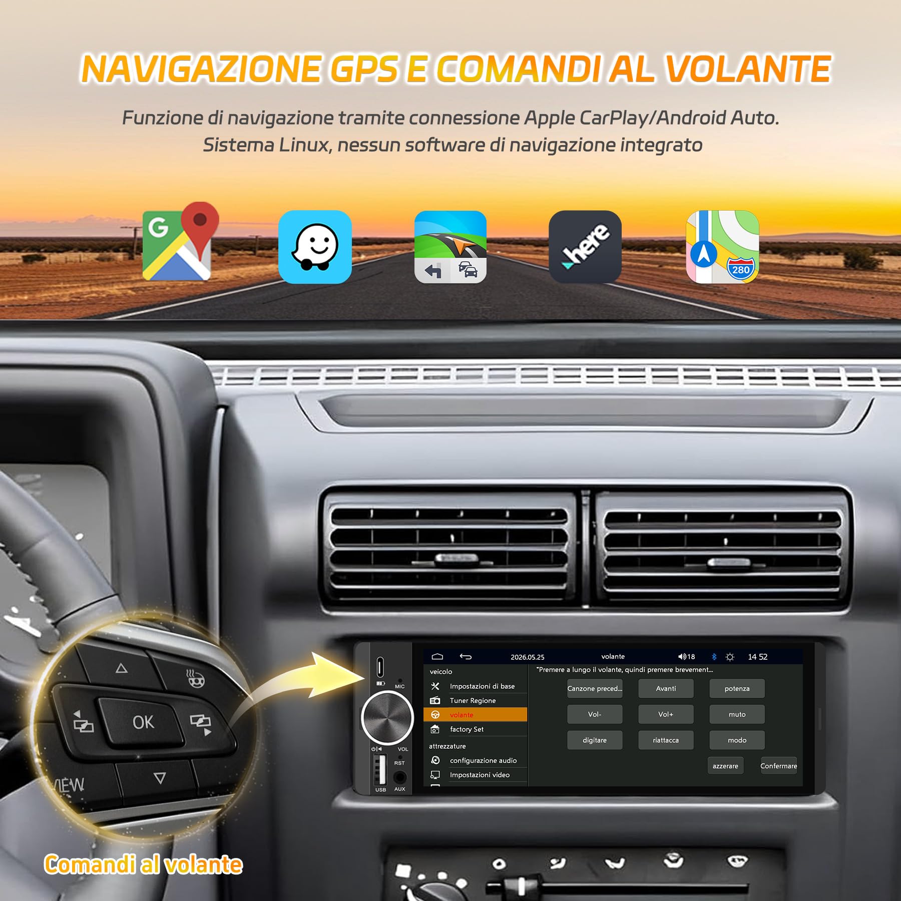 Autoradio Bluetooth 1 Din con Schermo da 6,28 Pollici, CarPlay/Android Auto | Telecamera Posteriore, Navigazione GPS, FM/RDS, Comandi al Volante, Comandi Vocali, Radio Auto Un Din Car Stereo Touch Screen
