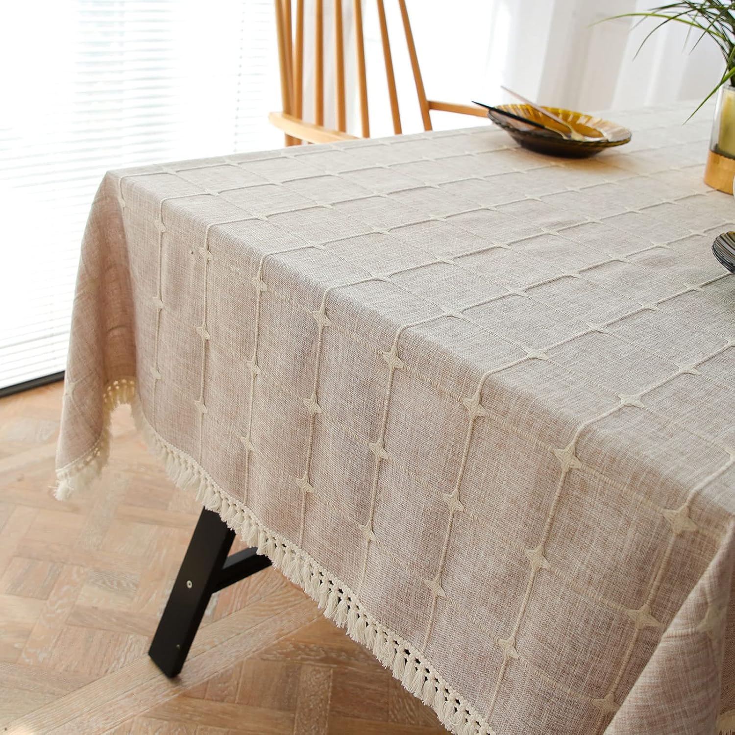 Embroidered Tassel Tablecloth Dust Cover Coffee Table Cover Towel Home Tablecloth Picnic Mat,Beige,140 * 260cm
