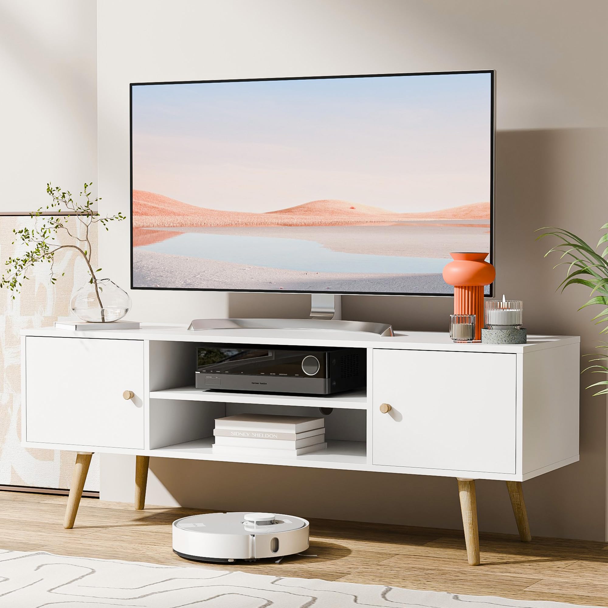 Cozy Castle Wood Mid-Century Modern Tv Stand For 55/60 Inch Tv