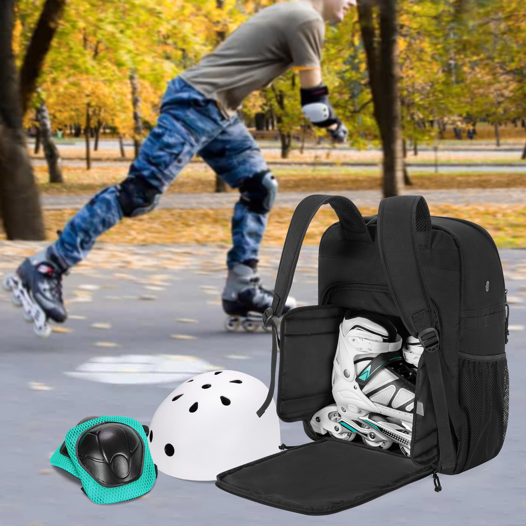 GOBUROS Skate Tasche für Schuhe bis US Herrengröße 13, Rollschuh Rucksack mit Mehreren Zubehörfächern, Inline Skate Tasche für Damen und Herren, Schwarz