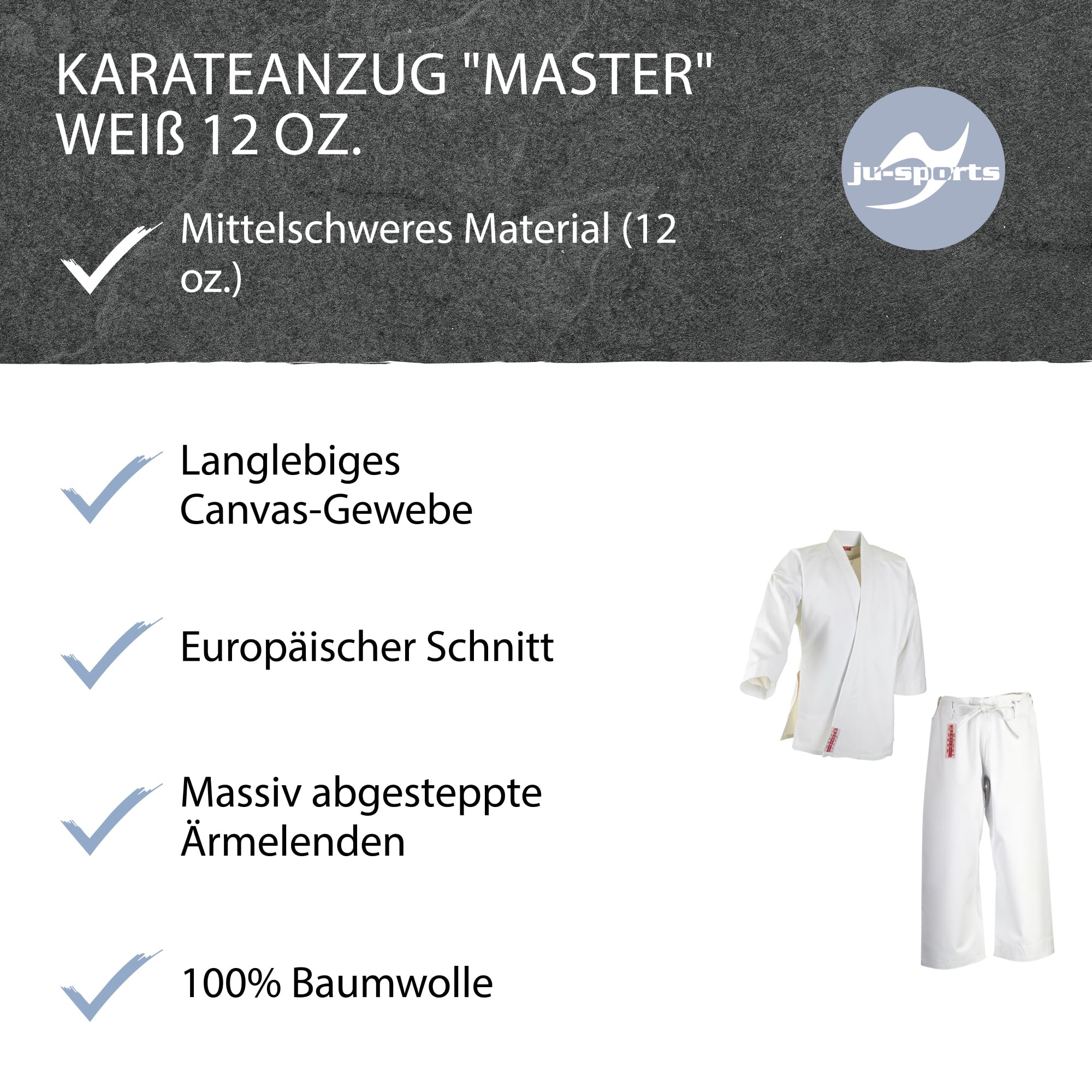 Ju-Sports Master Karateanzug Erwachsene weiß - Robuster Karatekimono mit Canvas-Gewebe und traditionellem Schnitt 100% Baumwolle, Abgesteppte Ärmelenden