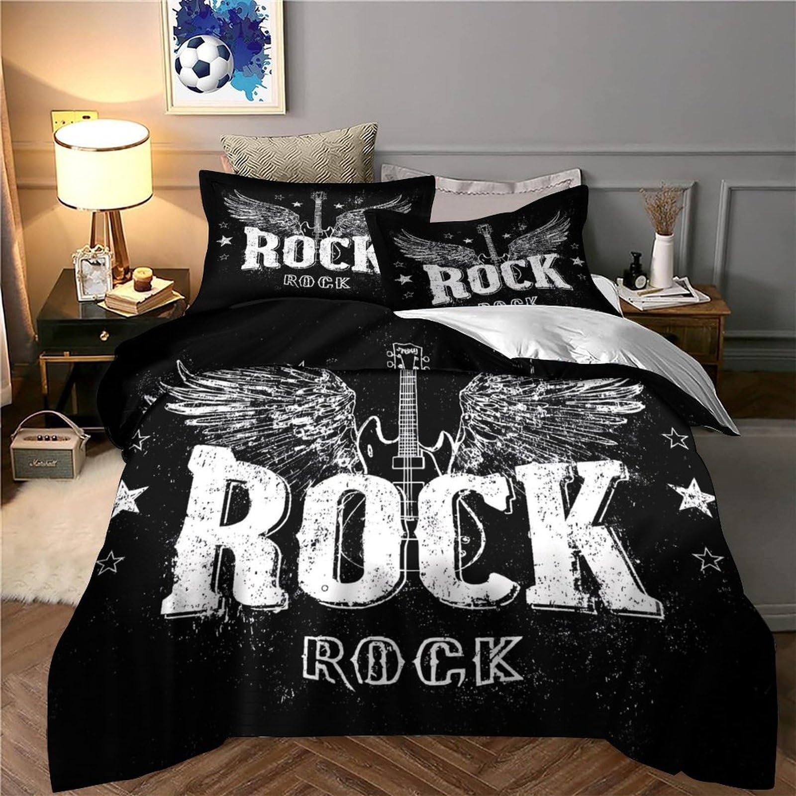 Rock guitar wingsSet Di Copripiumino morbida 3 Pezzi stampa di 3D con cerniera Vintage rock poster copripiumino con federa traspirante for bambini adulti ragazzi Super king（260x220cm）