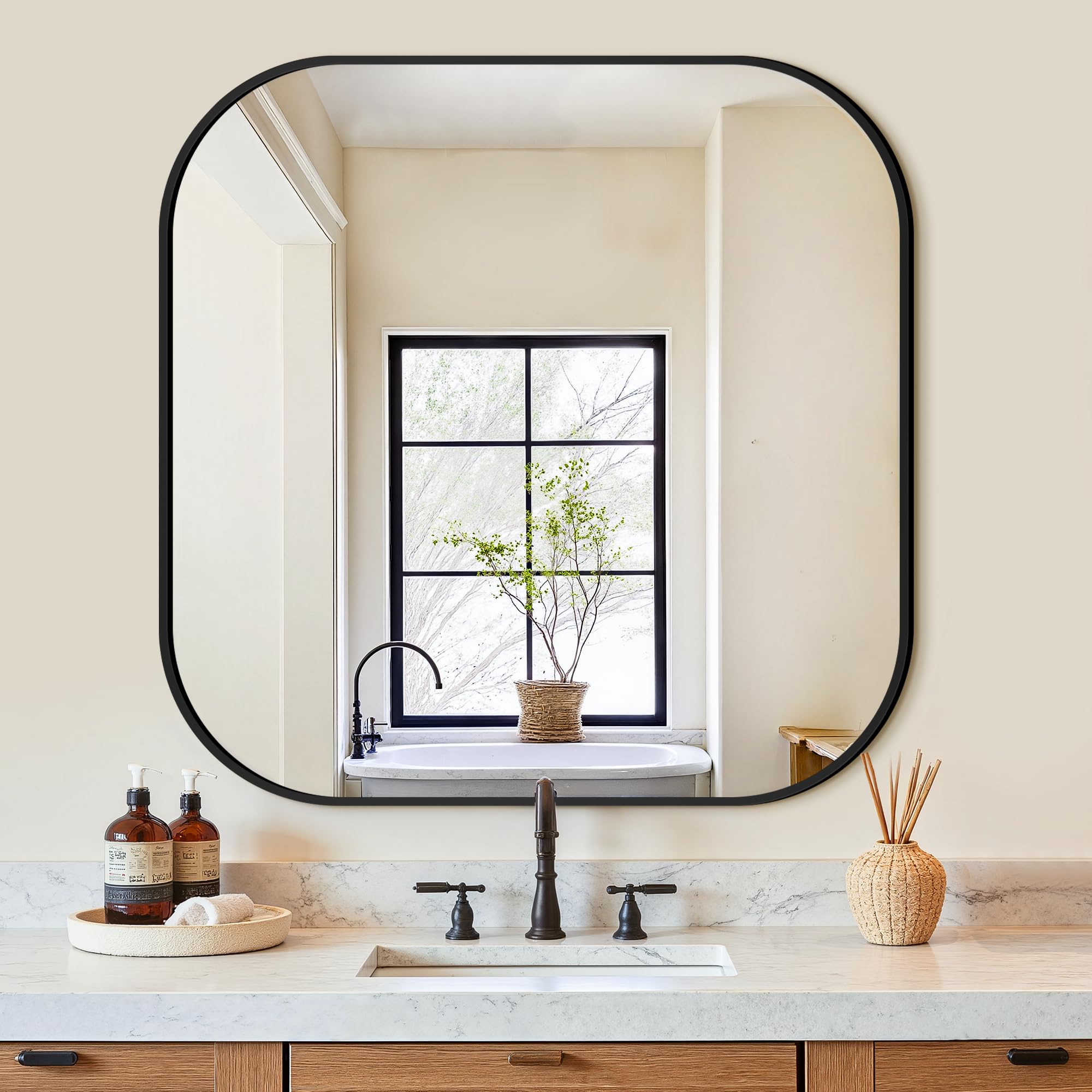 bathroom mirror for wall, black bathroom vanity mirror for over sink 30 x 30 inches , hd reflection shatterproof square mirror for living room bedroom entryway, metal frame