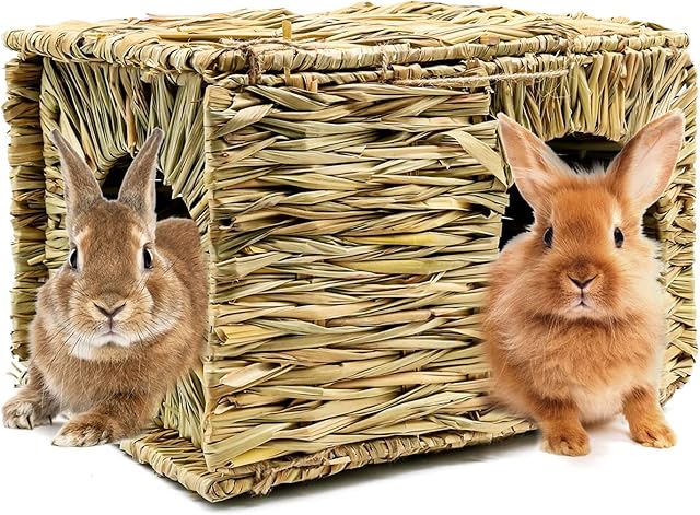 HYLYUN Extra Large Grass House for Rabbits - Hand Crafted Natural Grass Hideaway Foldable Bed Hut with Openings Playhouse for Bunny Guinea Pig Chinchilla Ferret for Play and Sleep