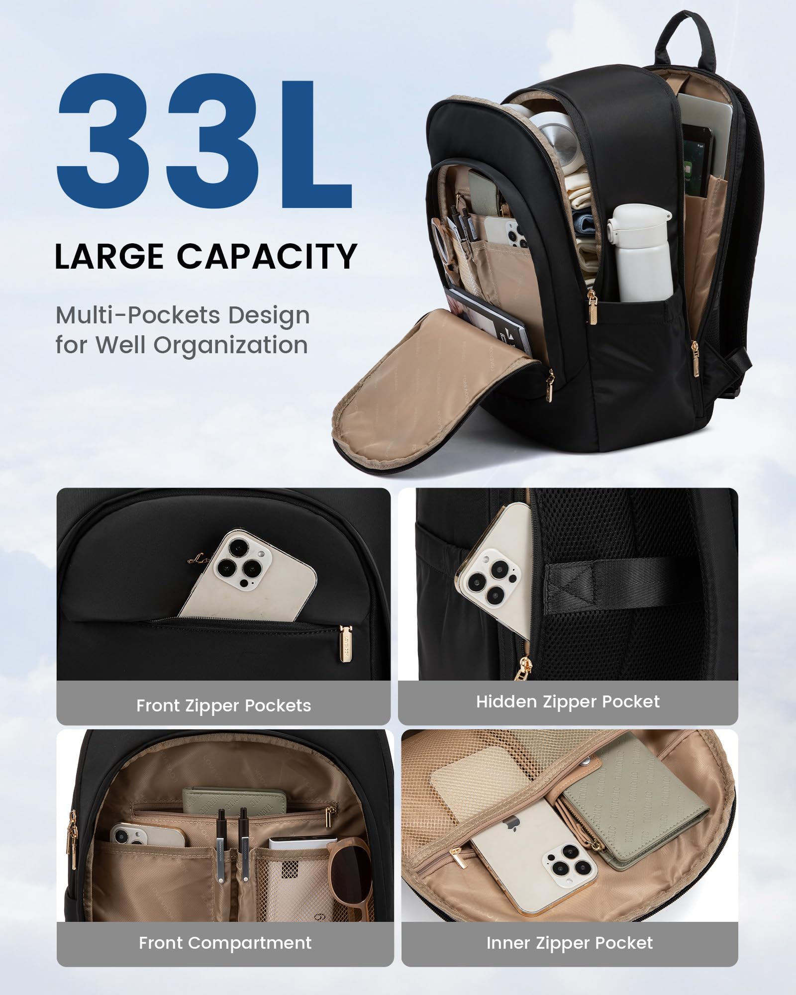 LOVEVOOK Laptop Backpack for Women, 17.3 Inch Business Backpack Purse, Large Capacity Casual Daypack, Work Computer Backpack, Travel Backpack for College, Black