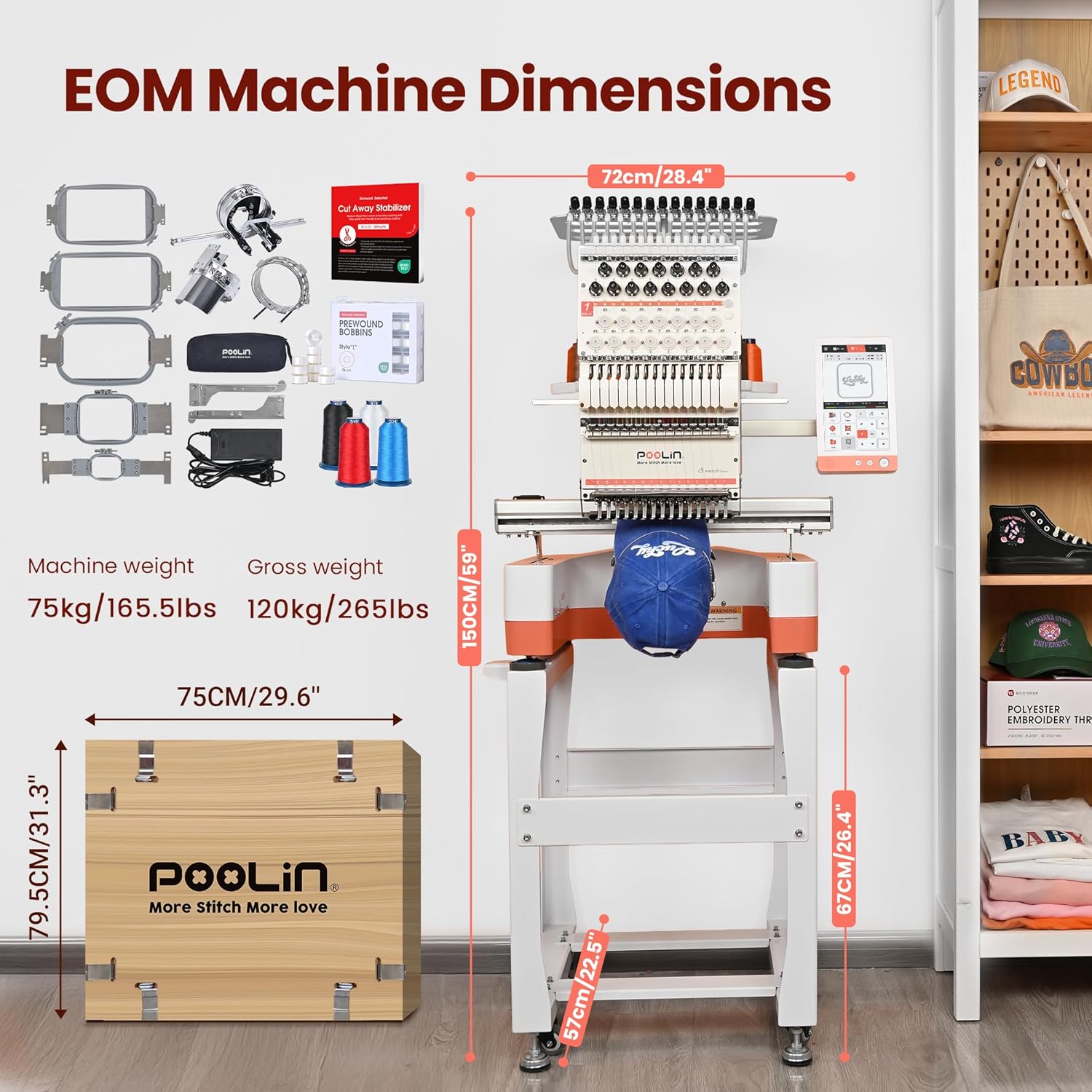 Poolin EOM 15-Needle Embroidery Machine | Starter Plus Bundle – Includes 40 Thread Kit, 144pcs Bobbins, Cut Away & Tear Away Stabilizers, Tool Set