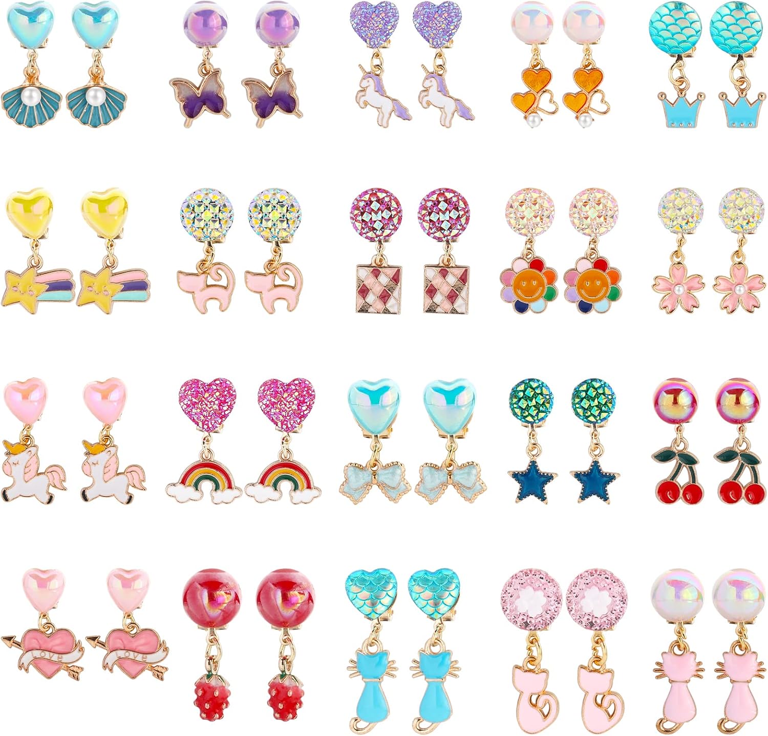 HaiMay 20 Pairs Girl Clip on Earrings for Kids Clips Earrings Princess Toy Earring Play Earrings Little Girl Jewelry for Party Favor, All Packed in Clear Boxes
