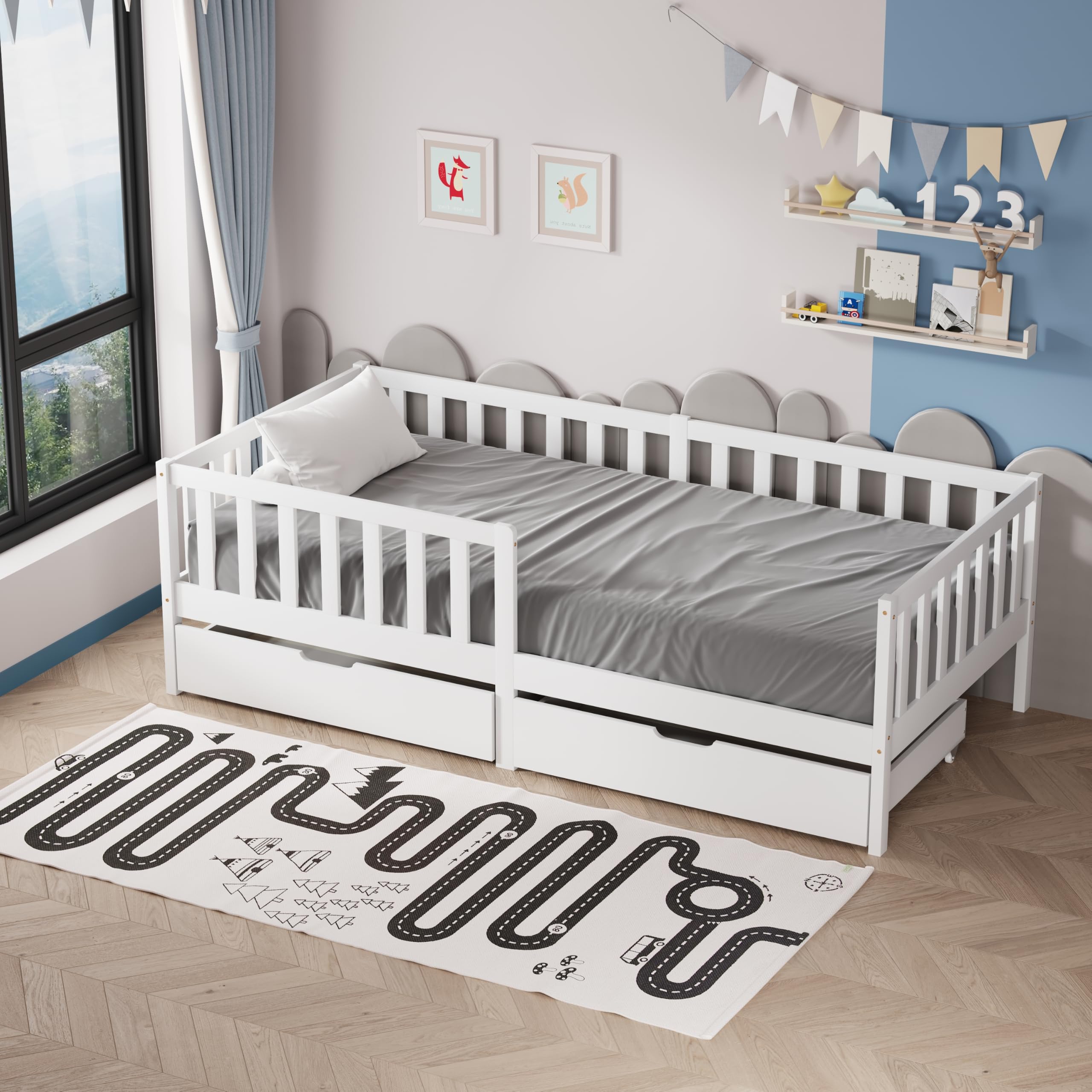 AVC Designs Junior Wooden Bed With Side Rails & Storage Toddler Solid Pine Wood Modern Children Kids Junior Bed Frame White 190 x 90cm Mattress size