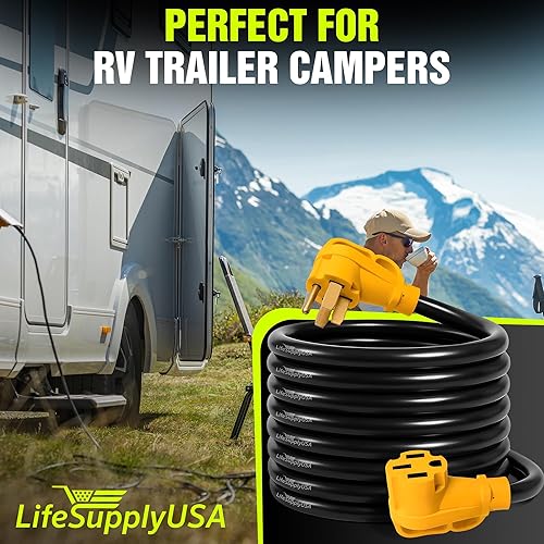 Miniatura 41 de Cable de extensión RV de 50 pies de 50 amperios (14-50P/SS2-50R) con 4 clavijas macho y mango de agarre, hembra con conector de bloqueo giratorio