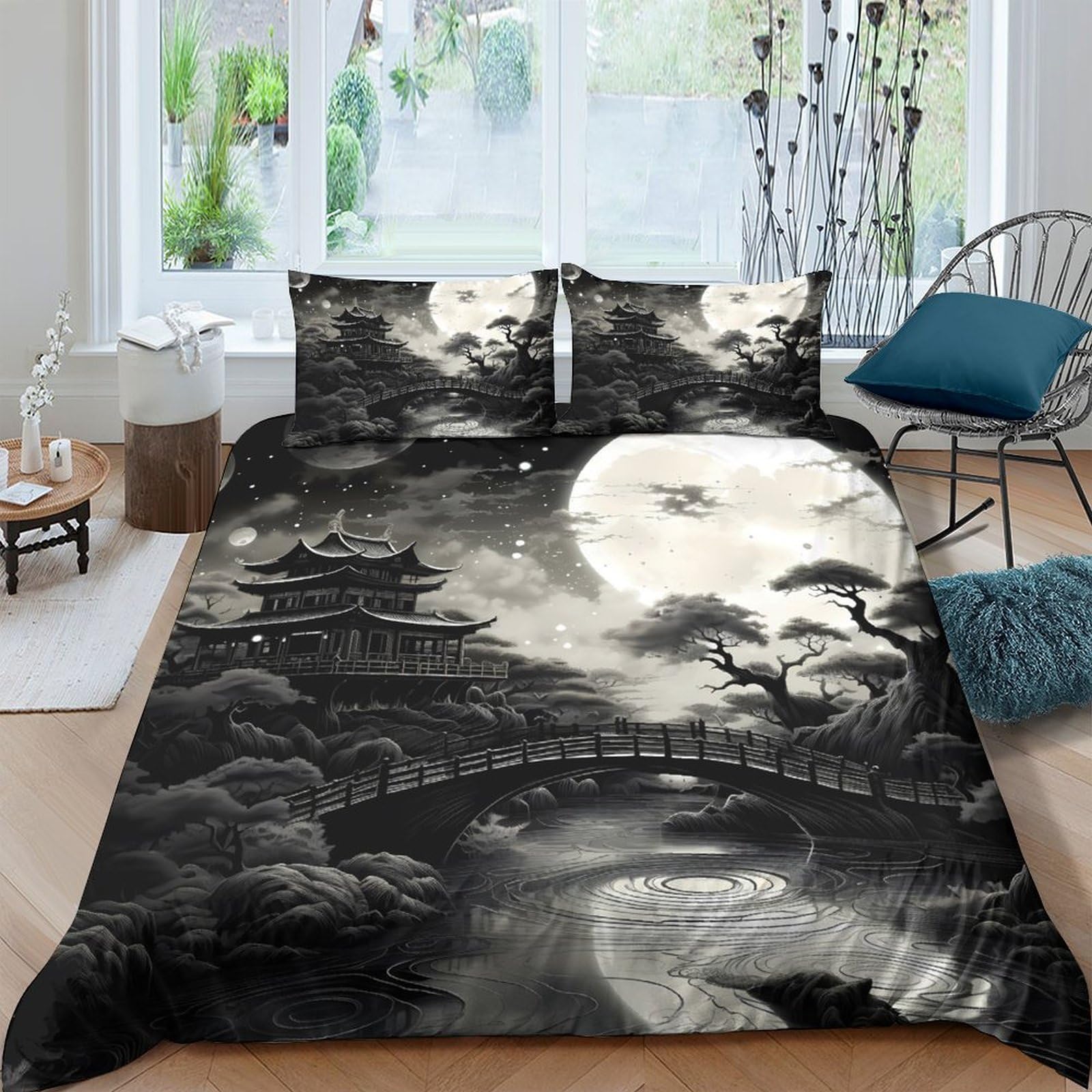 Ctjqhvkz Style-5 3D Printed Full Moon Bridge Fitted Sheet Microfiber Soft Breathable Night Landscape Mattress Cover For Bedroom Home Decor Single（135X200cm）