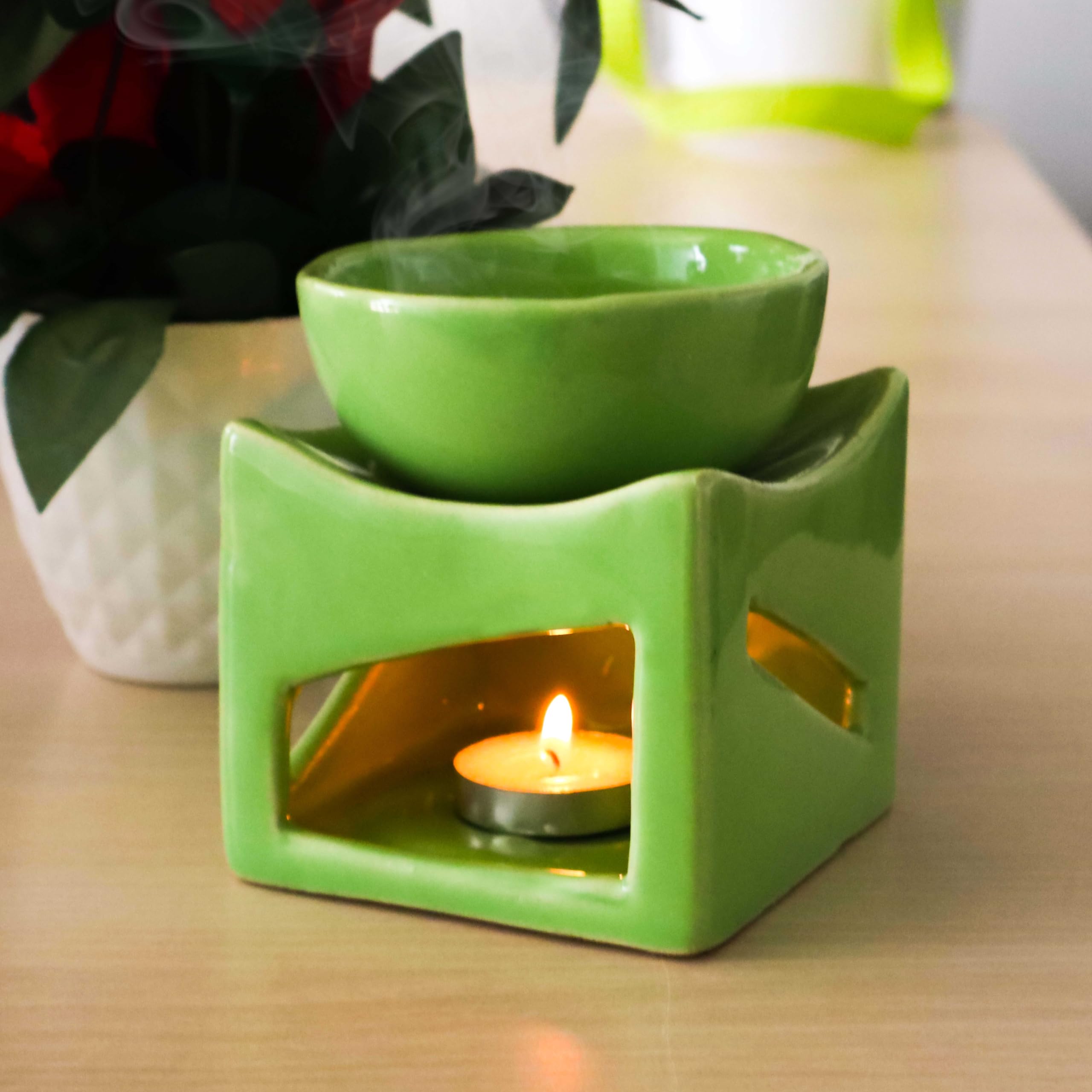 Pure Source India Ceramic Clay Candle Operated Aroma Burner Oil Diffuser, Extra Large Bowl, with 1 Tealight, 4.25 Inch, (Green)
