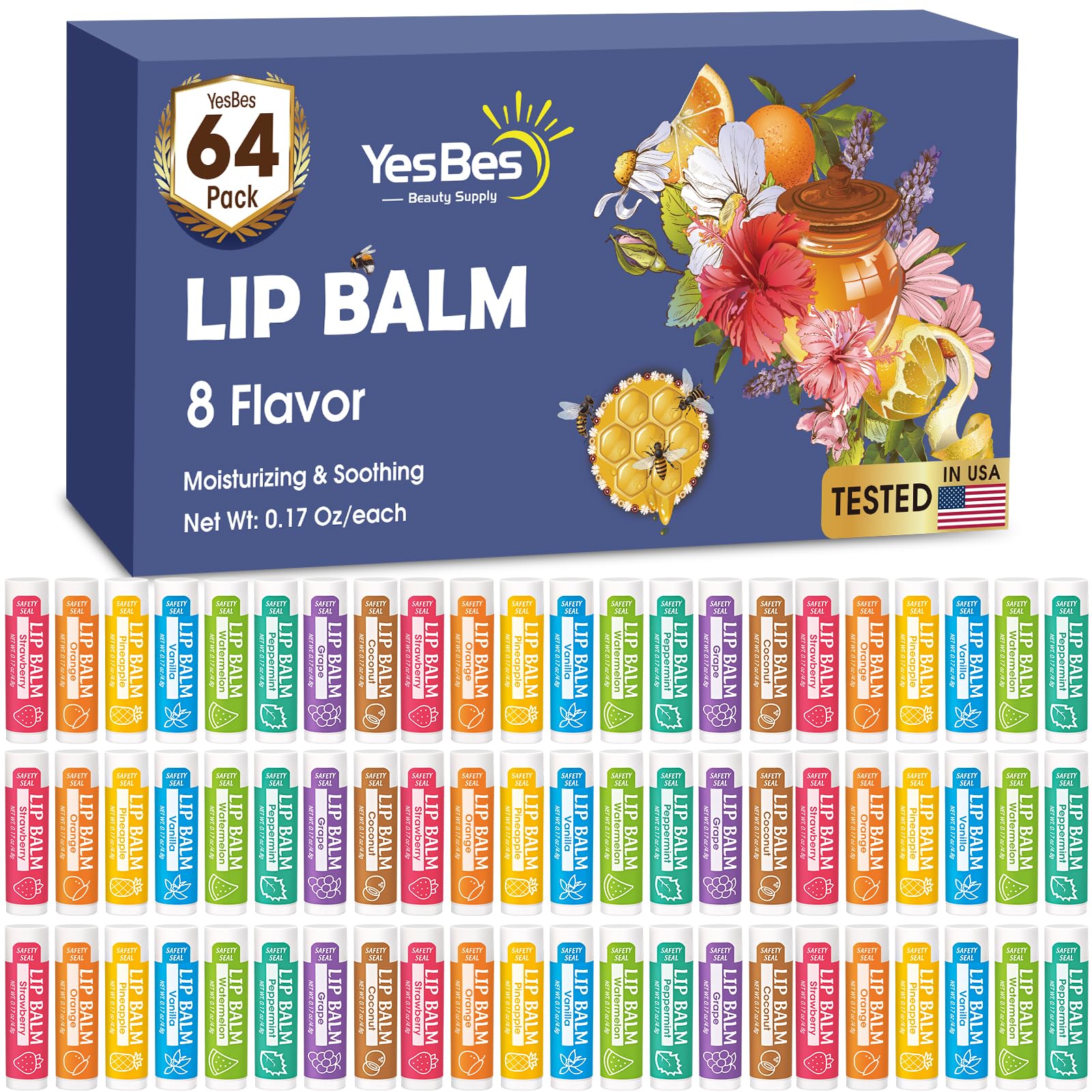 64 Pack Lip Balm, Natural Lip Balm Bulk with Vitamin E and Coconut Oil, Moisturizing Lip Balms for Dry Cracked Lips, Lip Balms for Stocking Stuffers - 8 Flavors