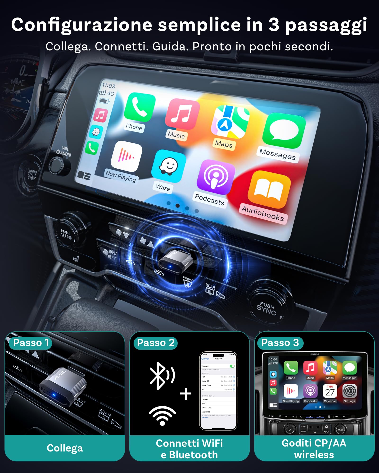 2026 Aggiornato Ottocast Mini Nova, Adattatore CarPlay e Android Auto Wireless, USB Plug & Play, Connessione Automatica, Design Compatto in Alluminio, Connessione Stabile Dual Band