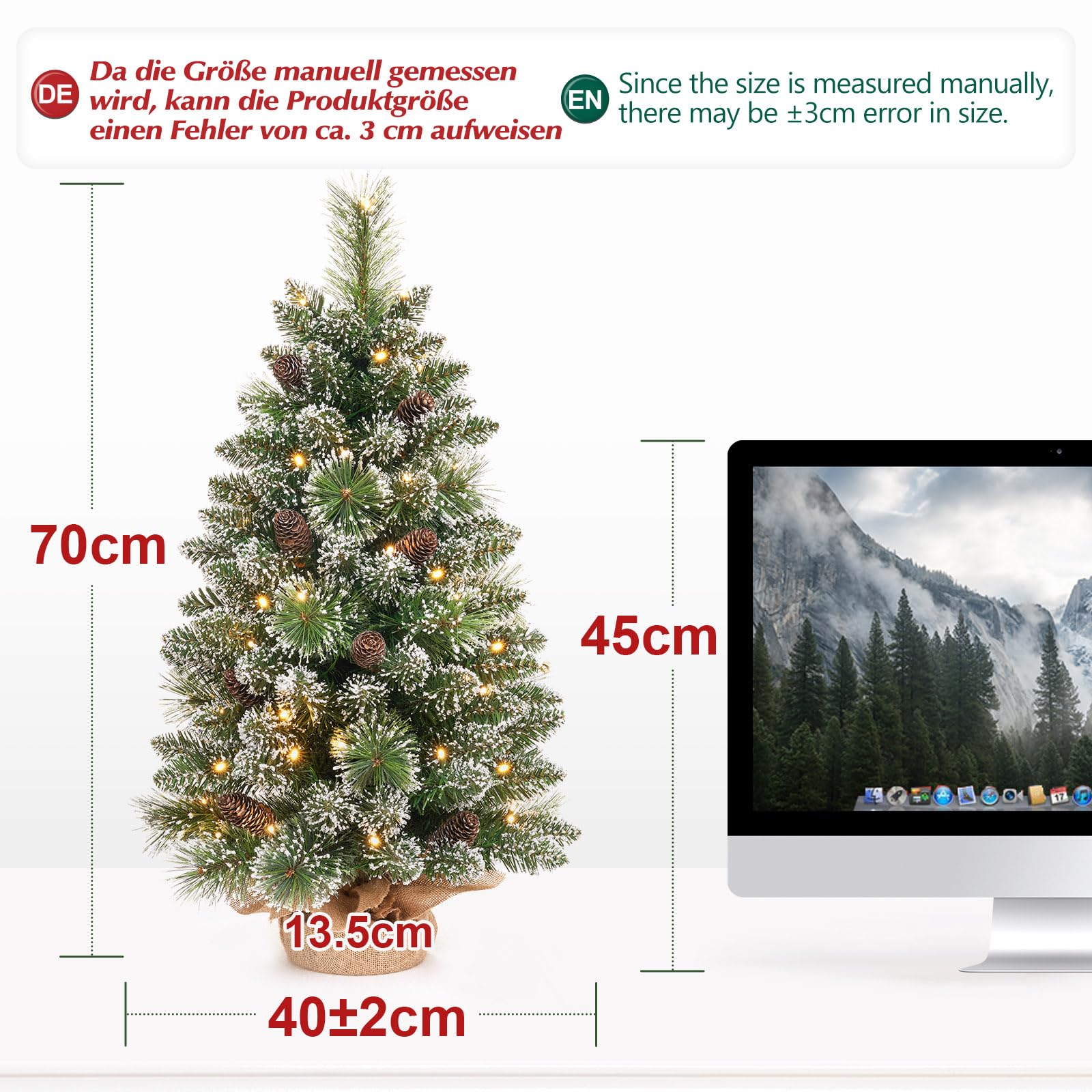 Yorbay Mini Albero di Natale con Illuminazione a LED, 70 cm, con Punta Dell'albero a Stella e Pigne in Vero Pino, Decorazione Natalizia, Avvento (70 cm con Telecomando)