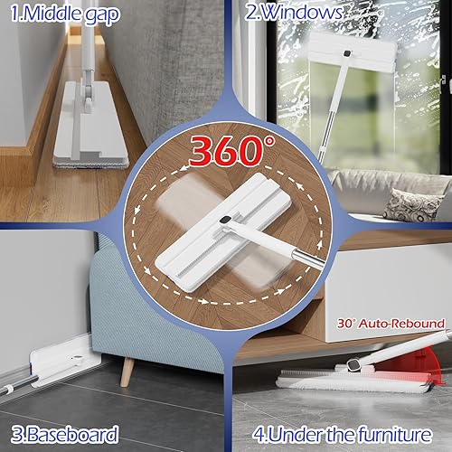 Miniatura 7 de Juego de trapeador y cubeta, sistema de trapeadores planos y cubo con 2 almohadillas de microfibra, trapeador y cubo con juego de escurridor, separa