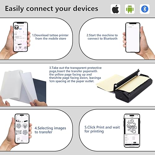 Miniatura 6 de MO MOLONG Impresora portátil de plantillas de tatuajes  Impresora Bluetooth de transferencia térmica sin tinta, compatible con teléfonos Android e