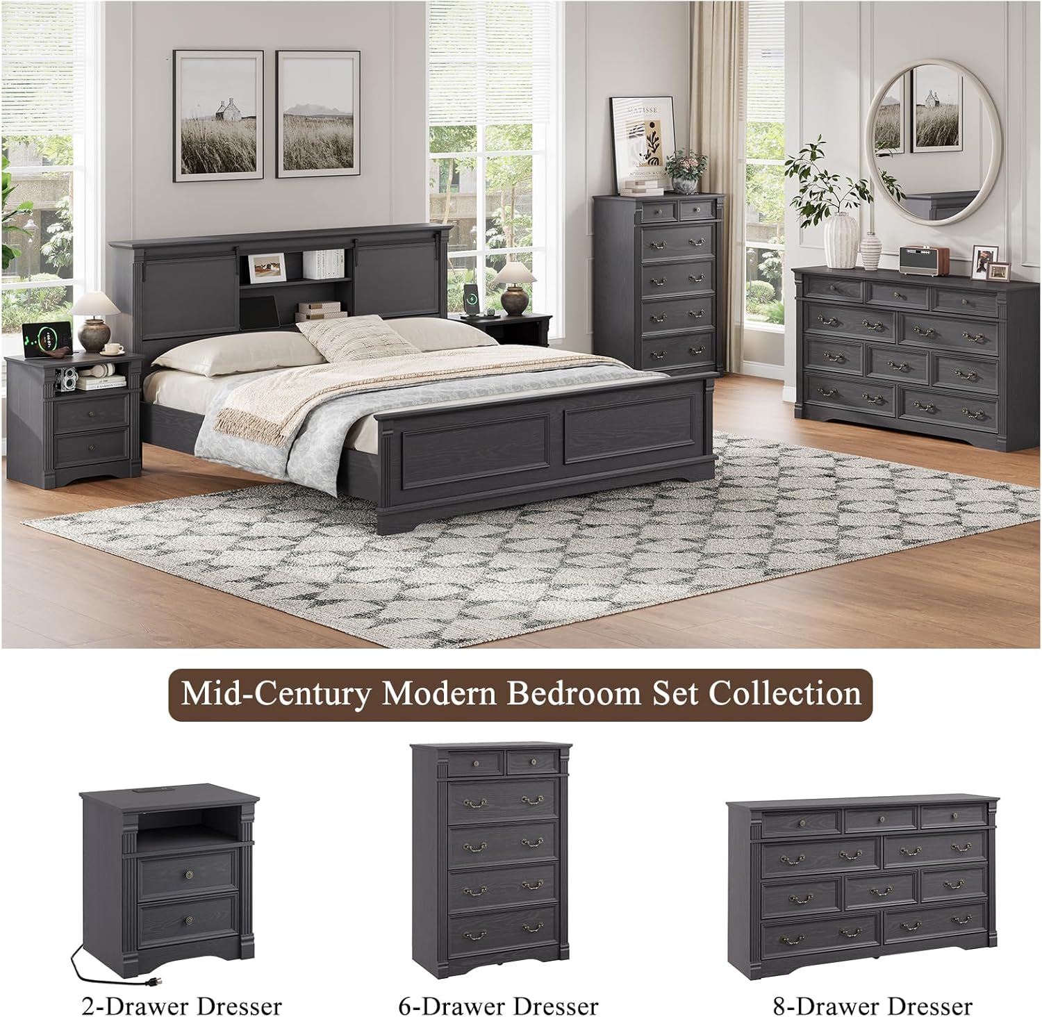 Grey Dresser for Bedroom, Farmhouse 6 Chest of Drawers, 47" Tall 6 Drawer Dresser Storage with Wood Pilasters and Metal Handles, Vintage Design, Drawer Organizer for Bedroom, Hallway