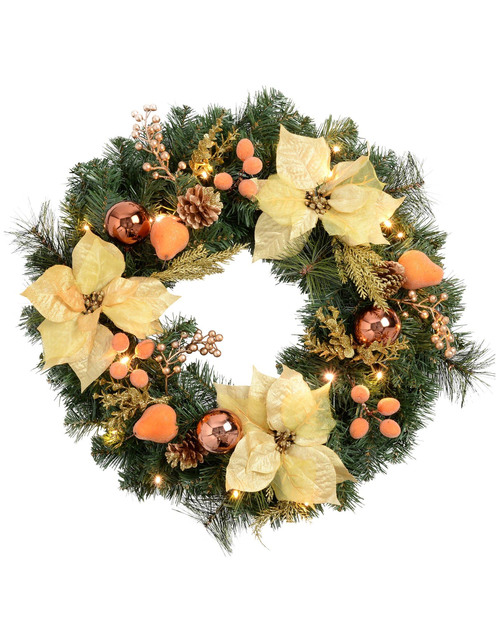 WeRChristmas Pre-Lit Decorated Wreath Christmas Decoration Illuminated with 20 Warm White LED Lights, 60 cm - Copper/Gold