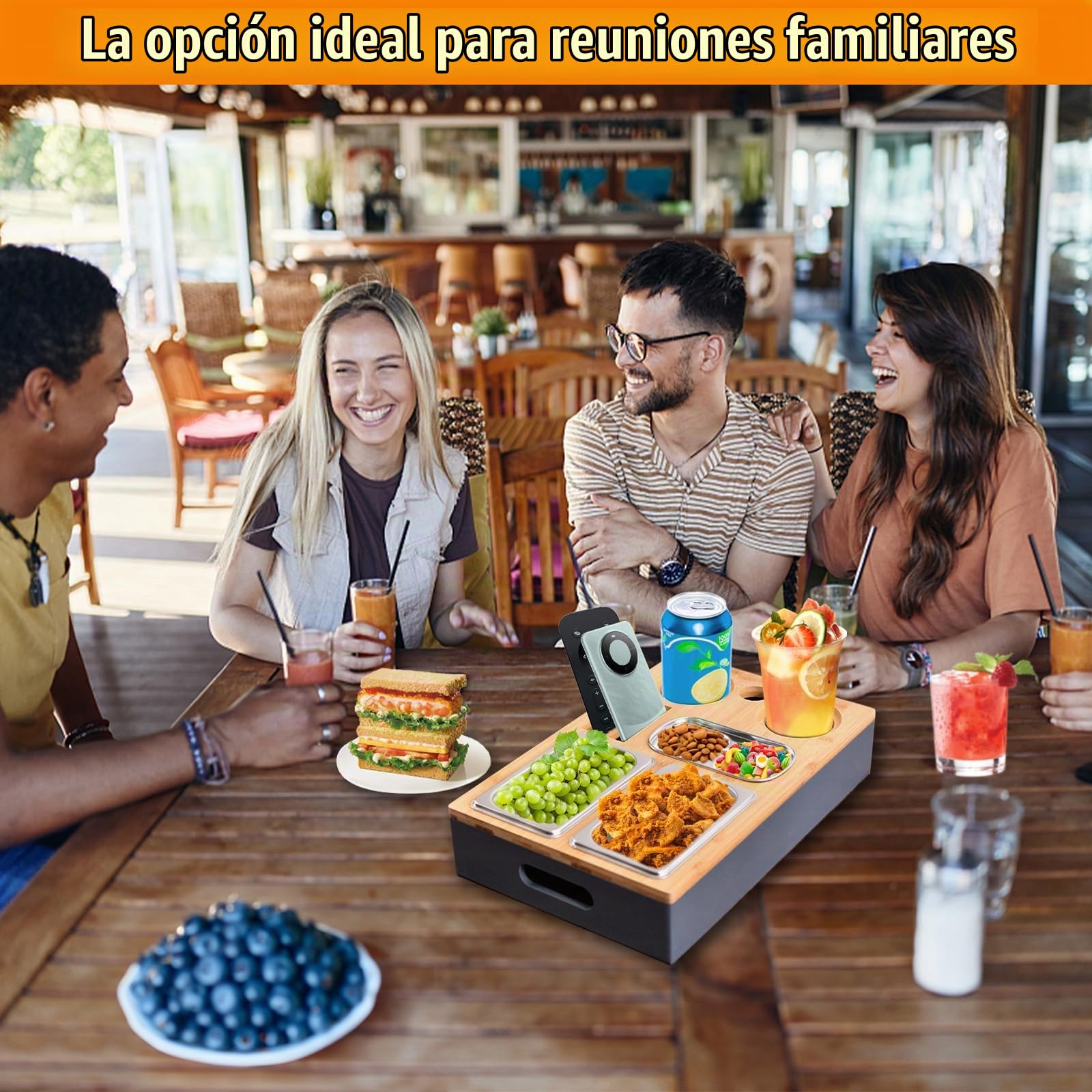 Bandeja Sofá con Cuencos Aperitivos Acero Inoxidable & Tapa Extraíble, Tazones Refrigerios Bambú con 2 Soporte Botellas, Caja Refrigerios para Sala Estar,Picnic,Fiesta,Salón,Dormitorio,Jardín,Camping