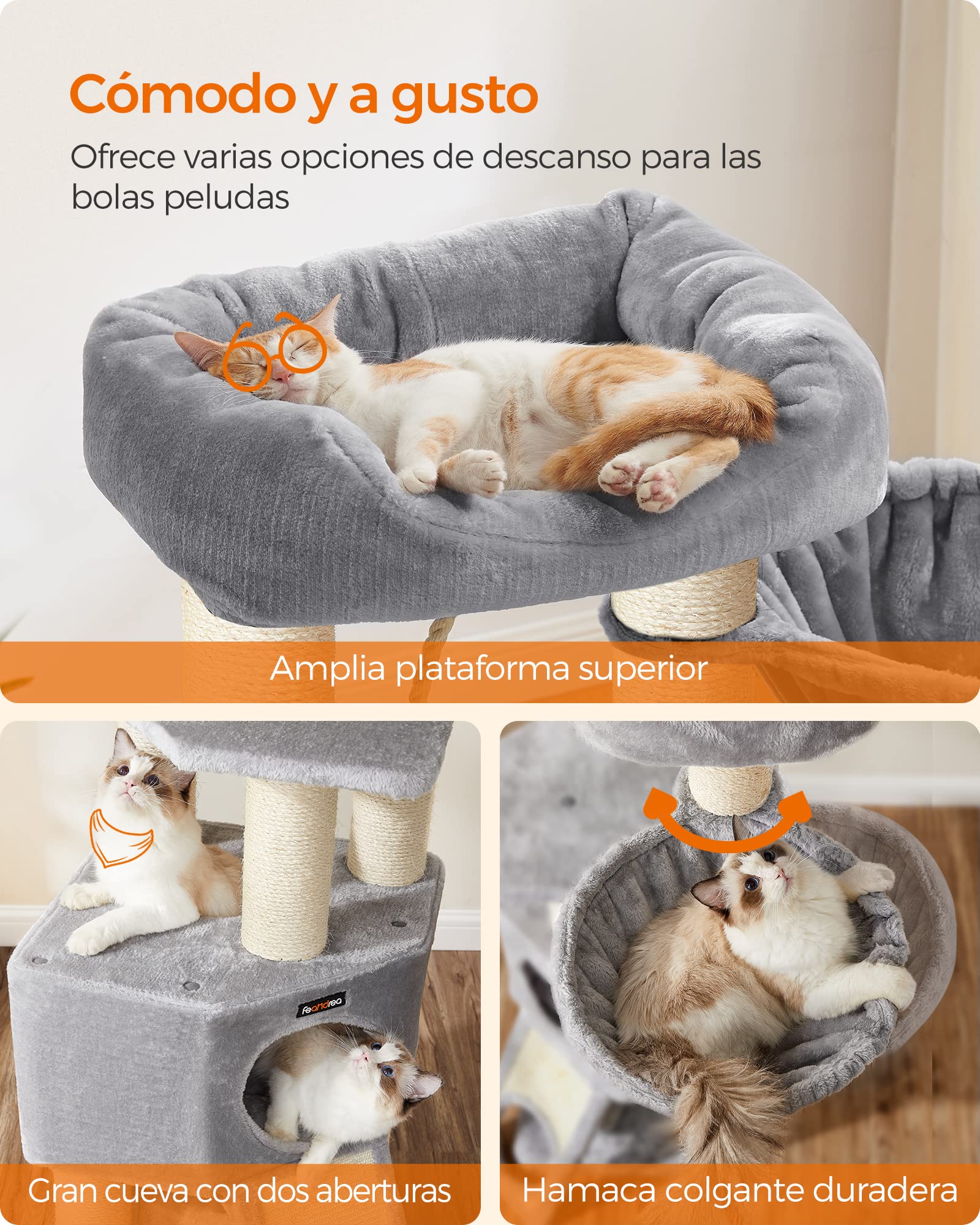 FEANDREA Árbol Grande para Gatos, Rascador para Gatos Tamaño M, Cueva, Hamaca, Plataforma de Felpa, Túnel, Columna de Cuerda de Sisal, Poste de Rascado, 50 x 50 x 141 cm, Gris Claro y Natural