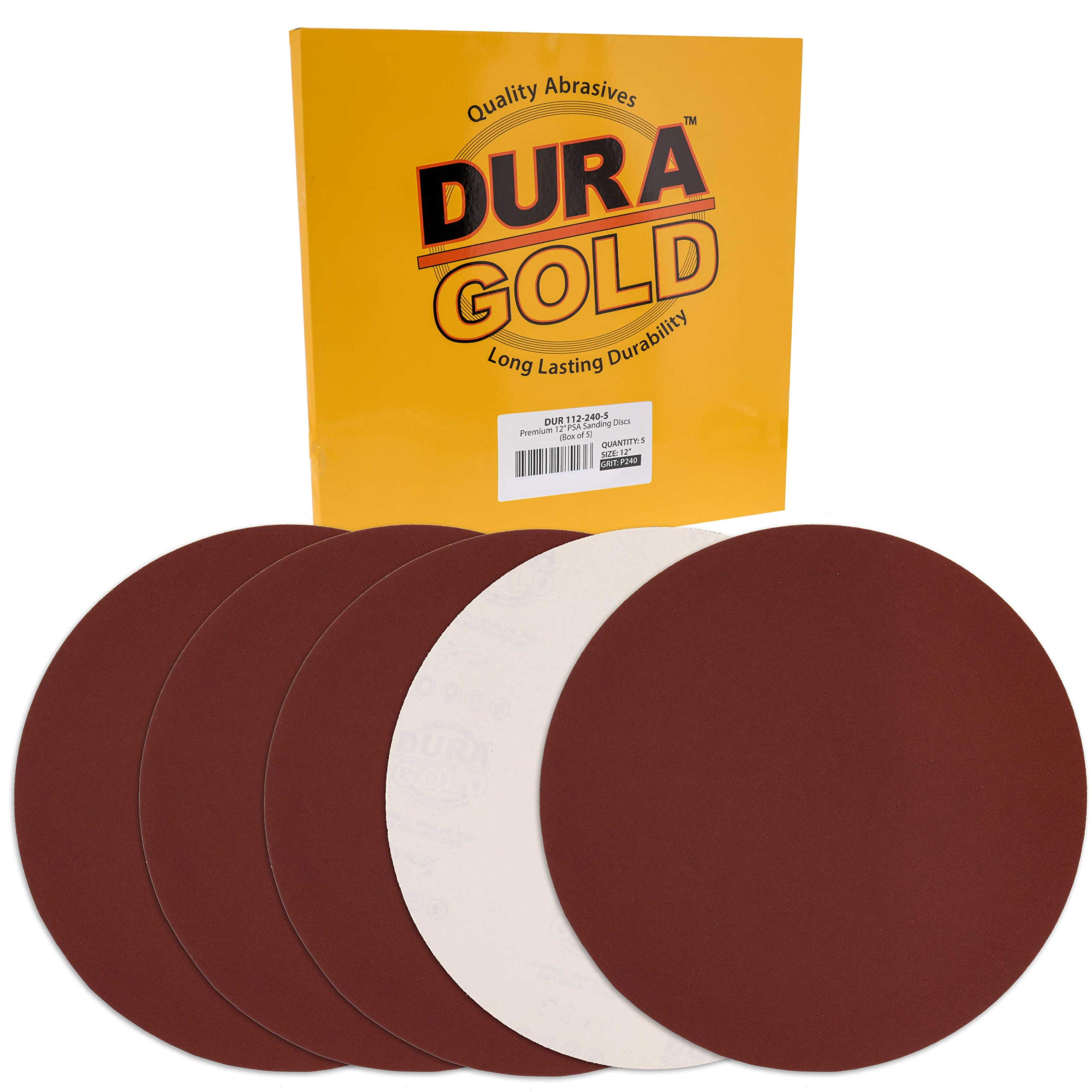 Dura-Gold Premium 12" Sanding Discs - 240 Grit (Box of 5) - Sandpaper Discs with PSA Self Adhesive Stickyback, Fast Cutting Aluminum Oxide Abrasive -