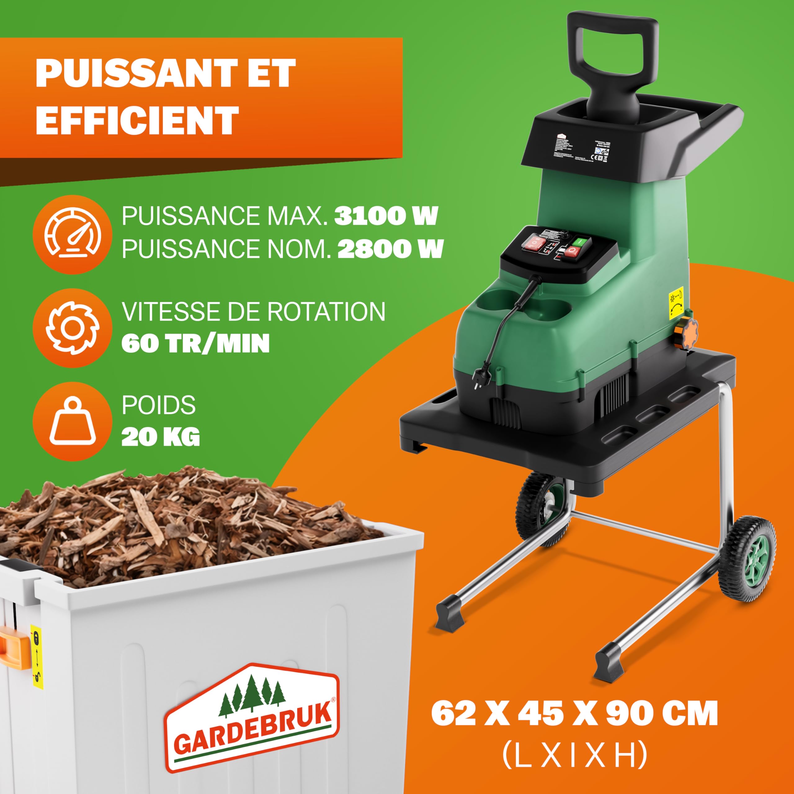GARDEBRUK® Broyeur de végétaux électrique 3.100W Max. 45mm Sac 60L broyeur à Rotor broyeur végétaux Silencieux à Rouleau broyeur de Jardin déchets Verts