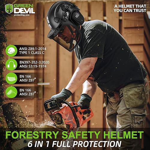 Miniatura 6 de Casco de seguridad para motosierra forestal GREEN DEVIL con orejeras Bluetooth Casco de arborista Casco duro con visera incorporada Protector facial
