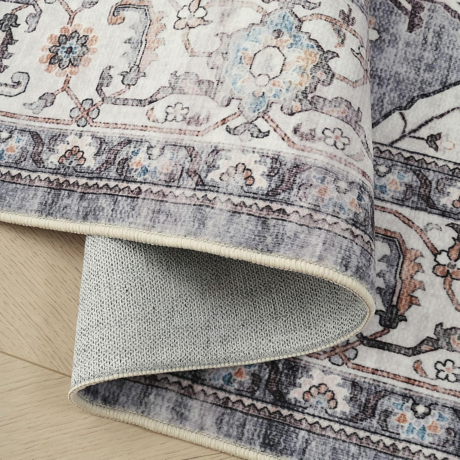 Rugcomf Vintage Medallion Kitchen Rugs Non Slip Washable 2'7"x8' - Low Pile Runner Rug, Boho Carpet for Hallways, Laundry, Bedroom, Bathroom - Grey and White