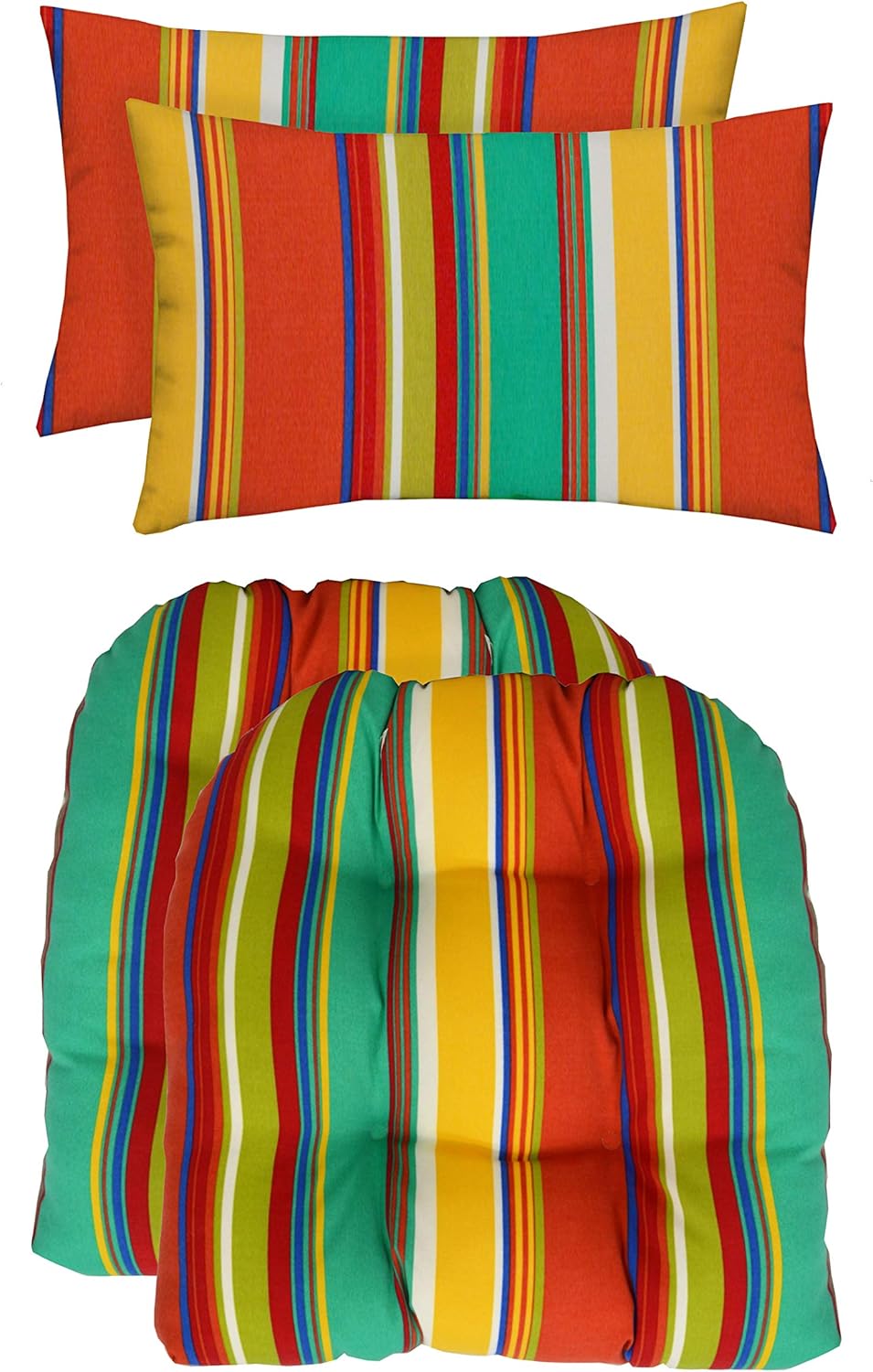 RSH DECOR: Tufted U-Shapes & Lumbars 2 of Each | 19” x 19” & 20" x 12" | Water-Resistant Spun Fabric | Outdoor Wicker Cushions & Support Pillows for Patio Furniture | Bright Colorful Stripe