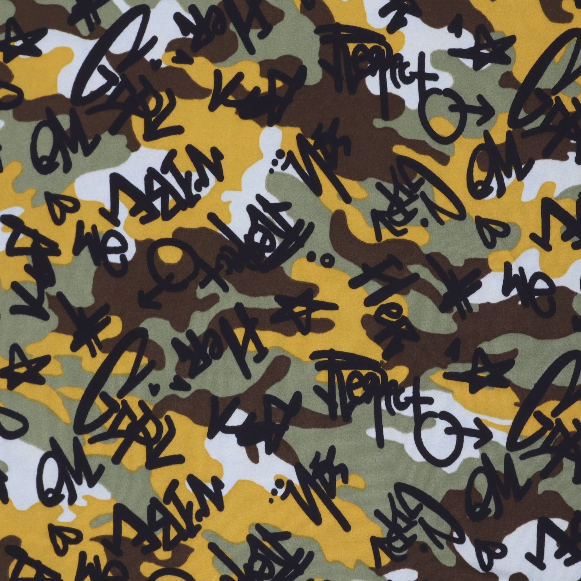 Mook Fabrics Graffiti Print DTY Brushed Fabric [59in. Wide] – 4 Way Stretch Poly Spandex Material for Apparel | Arts, Crafts & Sewing, Mustard/Blk/Sage Cut by The Yard