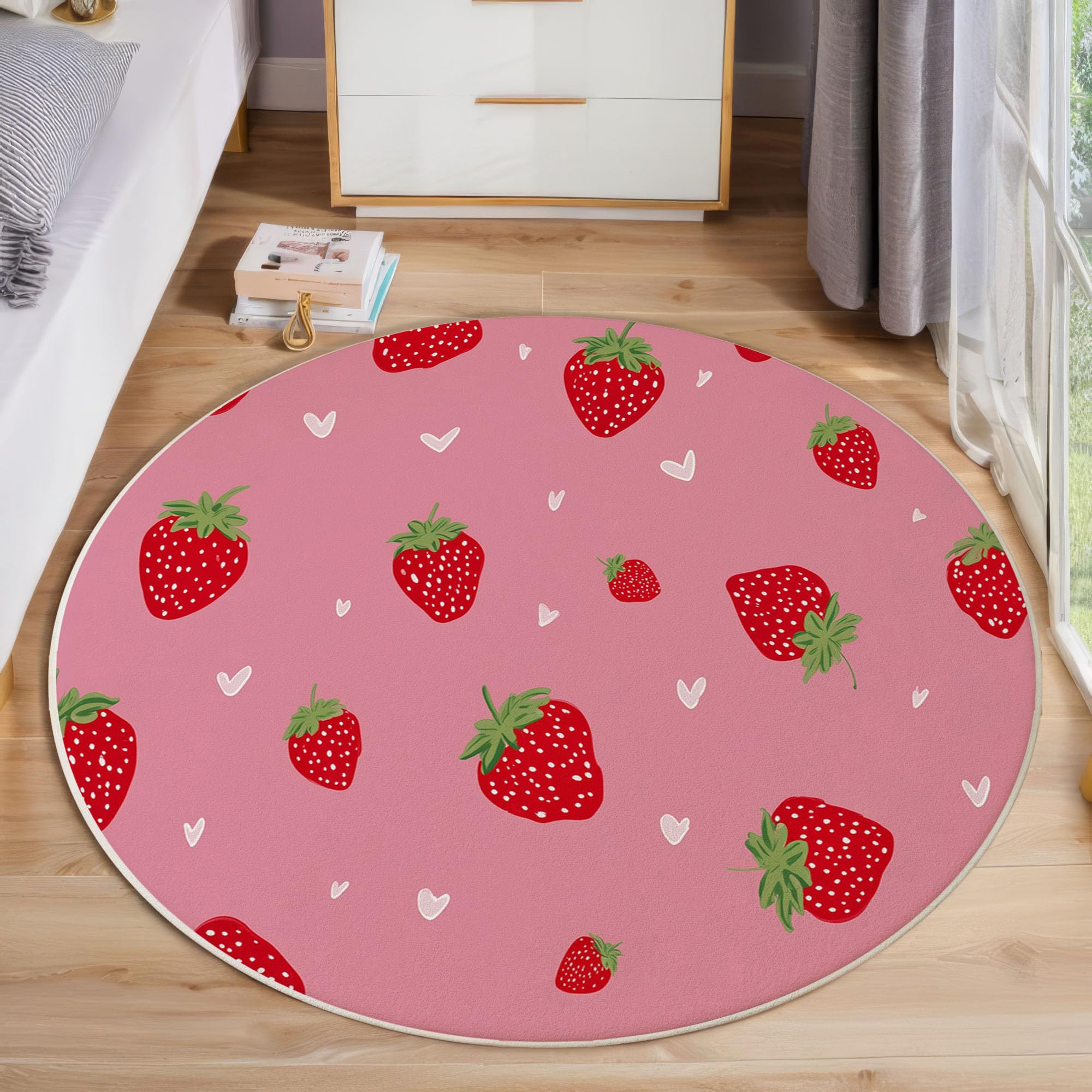 Tapis antidérapant rond pour chambre enfant motif fraise rose doux