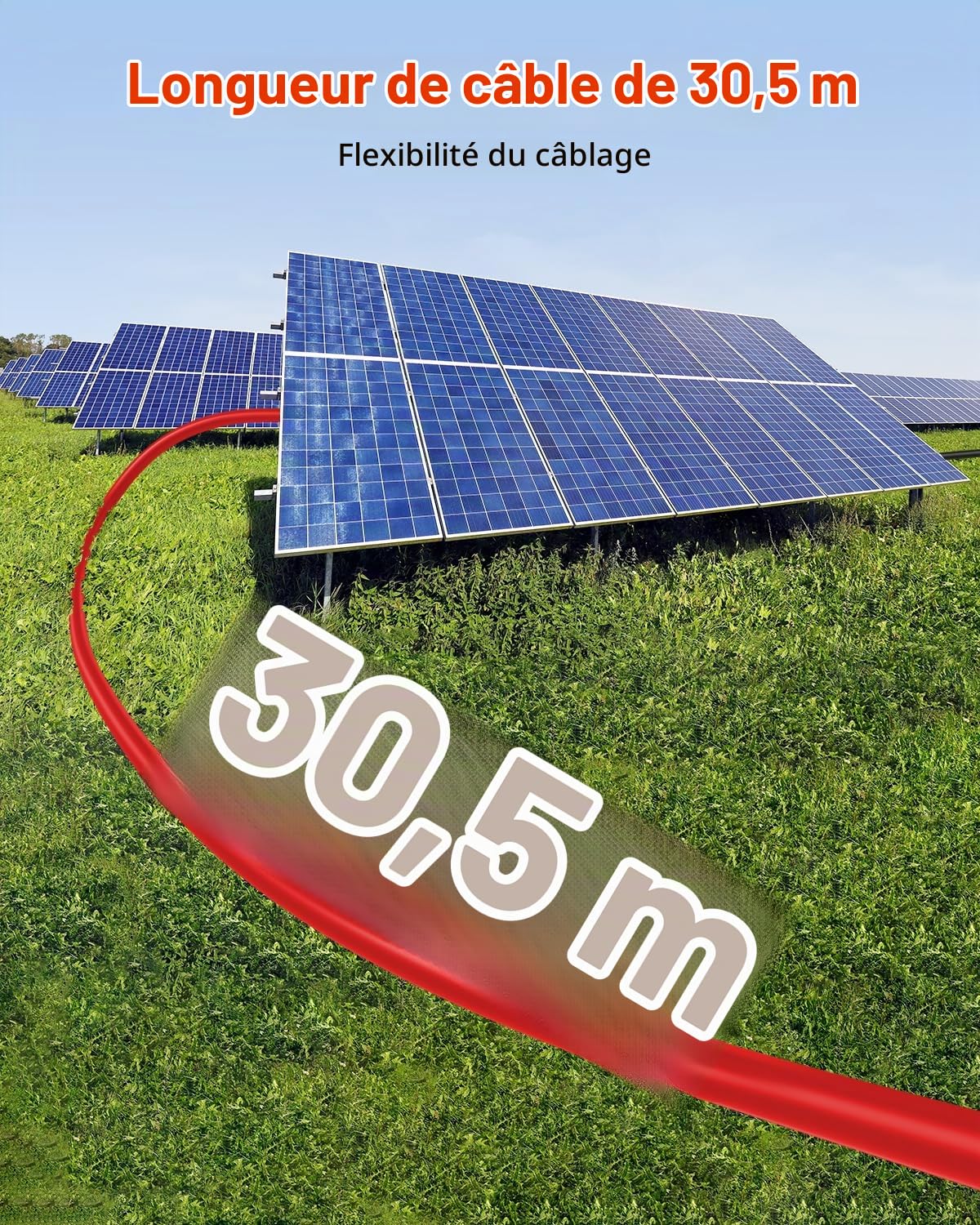 VEVOR Câble d'Extension de Panneau Solaire, 30,48 m, Calibre du Fil 10 AWG, CC 1500 V, Étanche IP67, pour Panneaux Solaires Domestiques, de Bateaux, Camping-cars, Toits, Systèmes Hors Réseau, Rouge
