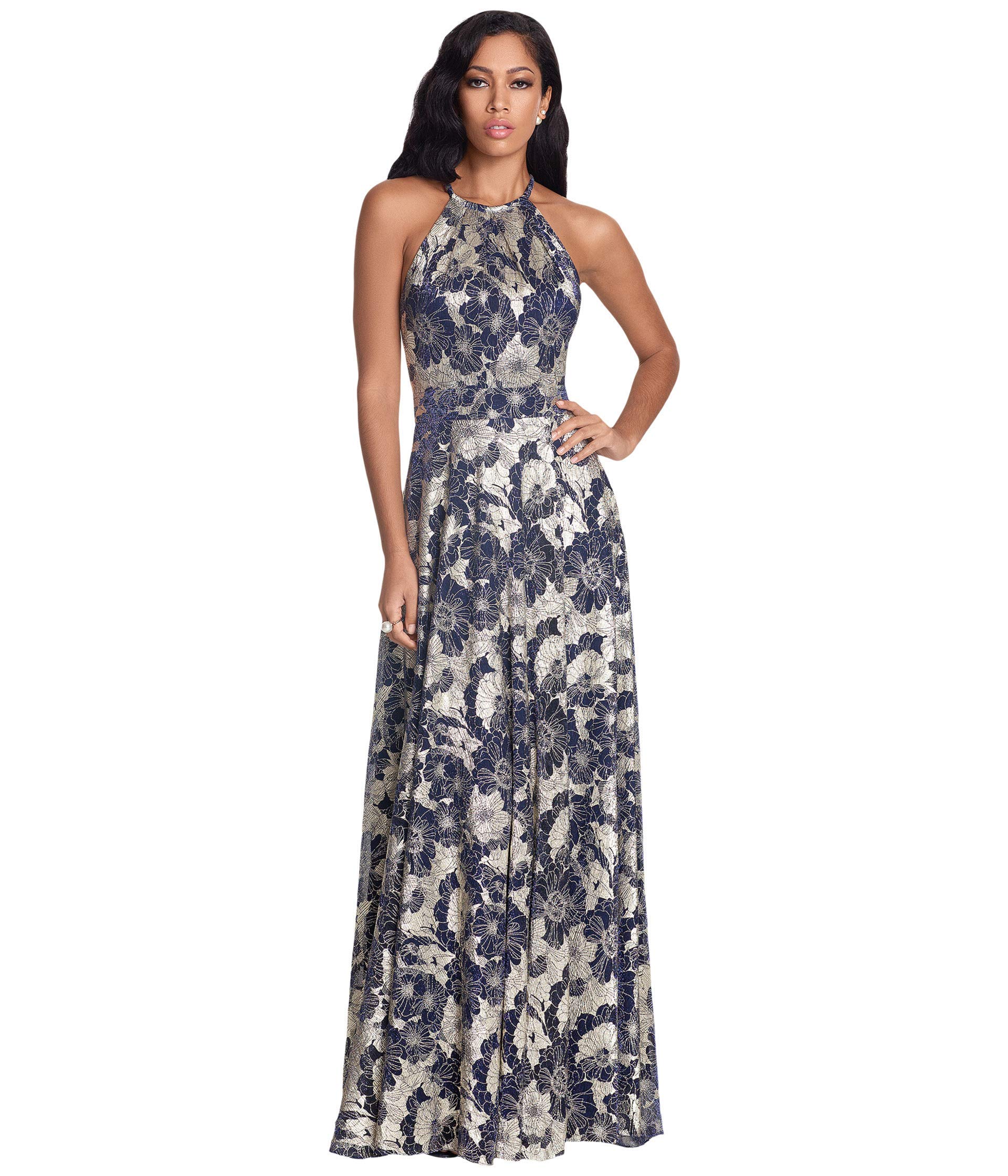 Betsy & Adam Long Foil Print Halter Gown with Wrap Skirt