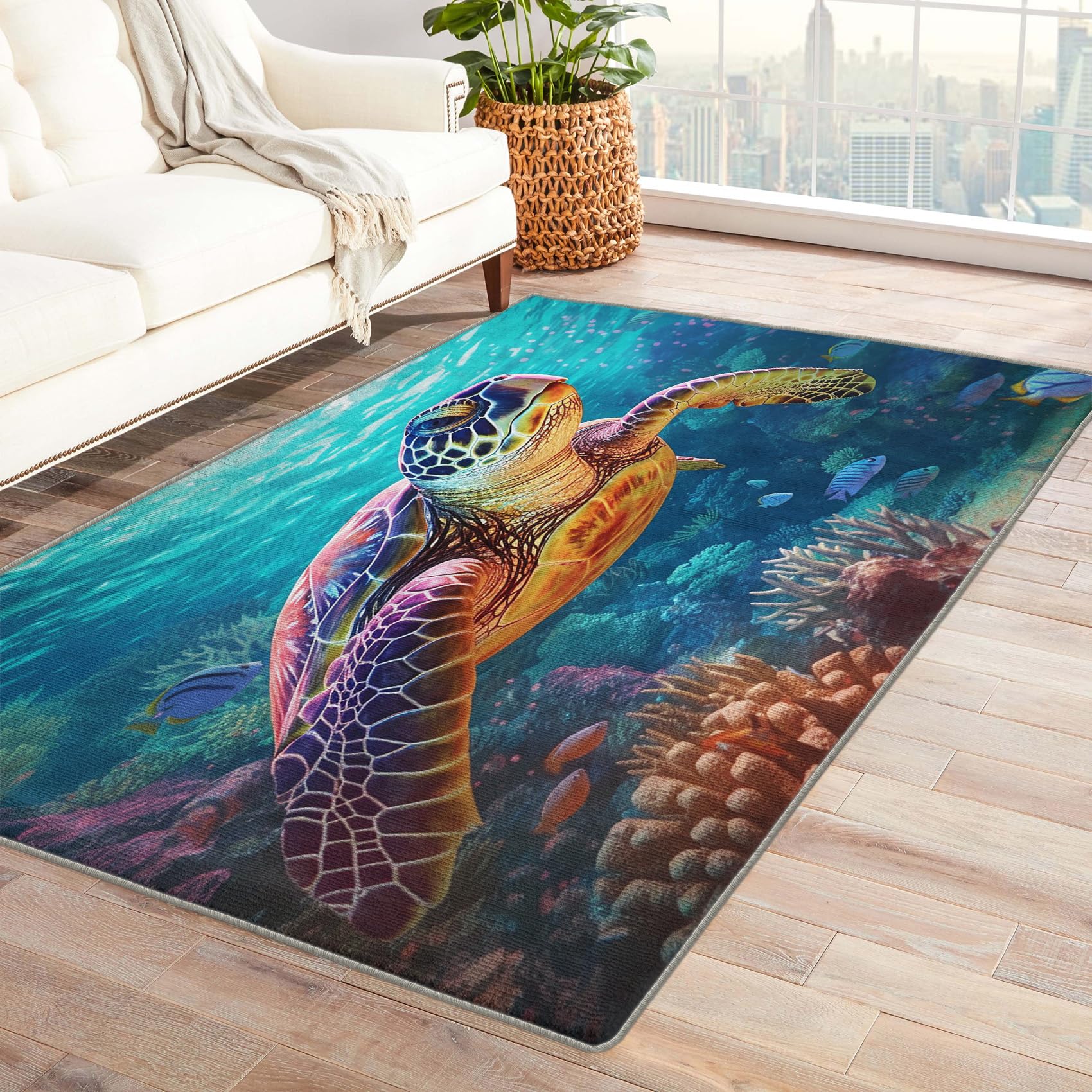 Sea Turtle Underwater Themed Rug, 3x4 Rug, Washable Rugs for Entryway Living Room Bedroom, Small Area Rug, Non Slip Soft Low Pile Indoor Door Mat