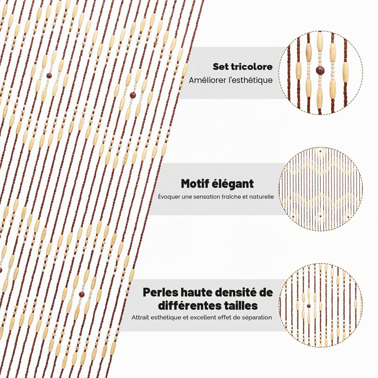 Rideau Pour Porte En Bambou 90x175cm Naturel Avec Perles En Bois Style Rétro À Fils En Bois Anti-insectes Pour Séjour Diviseur Décoratif