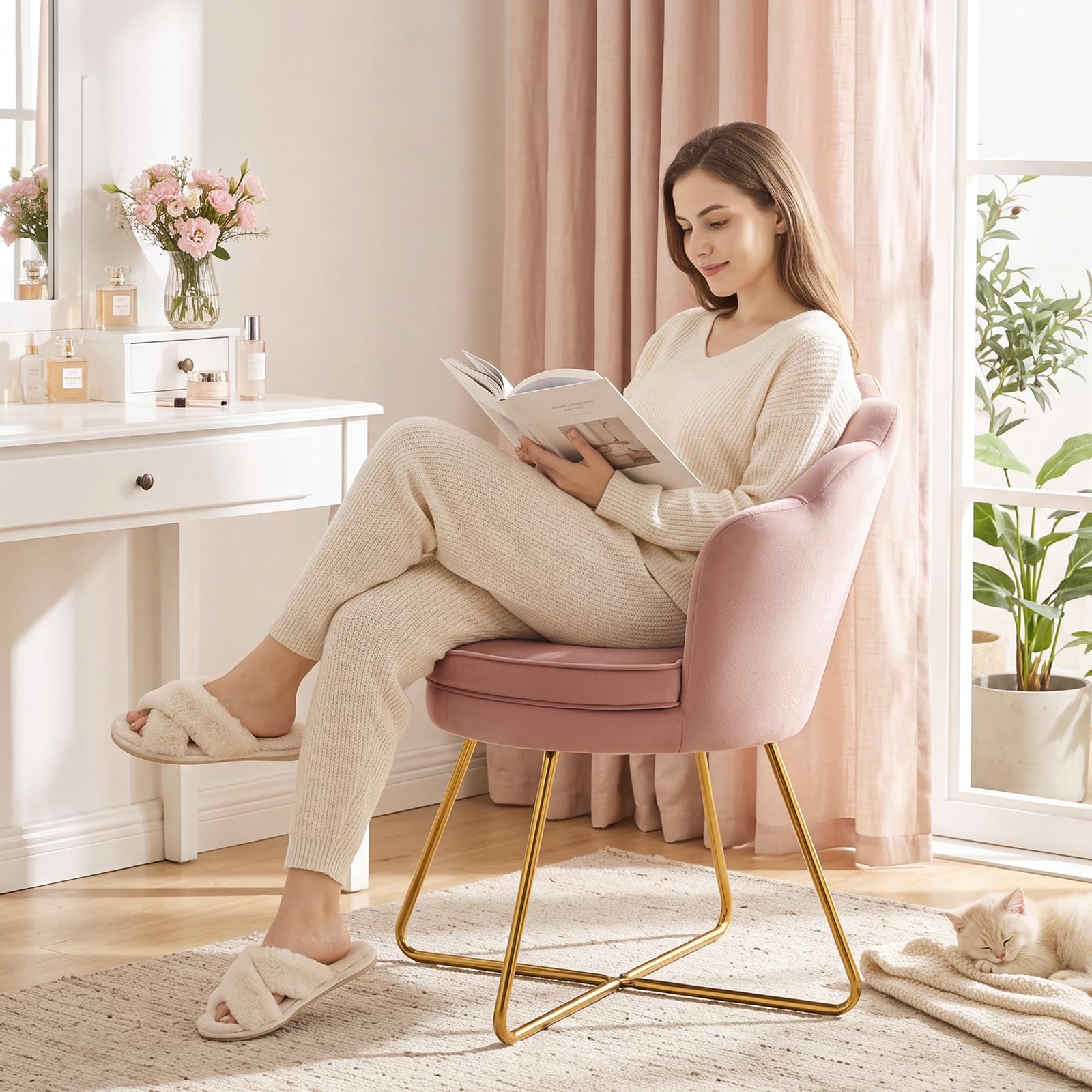 Hellove Esszimmerstühle Schminktisch Stuhl aus Samt, Schminkstuhl Muschel Stuhl mit Gold Metallbeinen, Korallen-Rosa Vanity Sessel, Elegant Loungesessel, Armlehnstuhl für Schlafzimmer & Wohnzimmer Küche, Haushalt & Wohnen