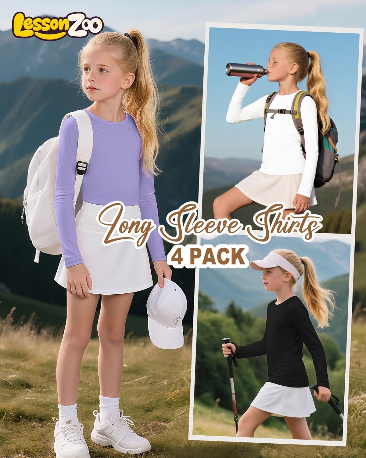 4 Pack Girls Long Sleeve Athletic Shirts Kids Activewear Tops Basic Yoga Crew Neck Sports Teen Youth Tees - Image 2