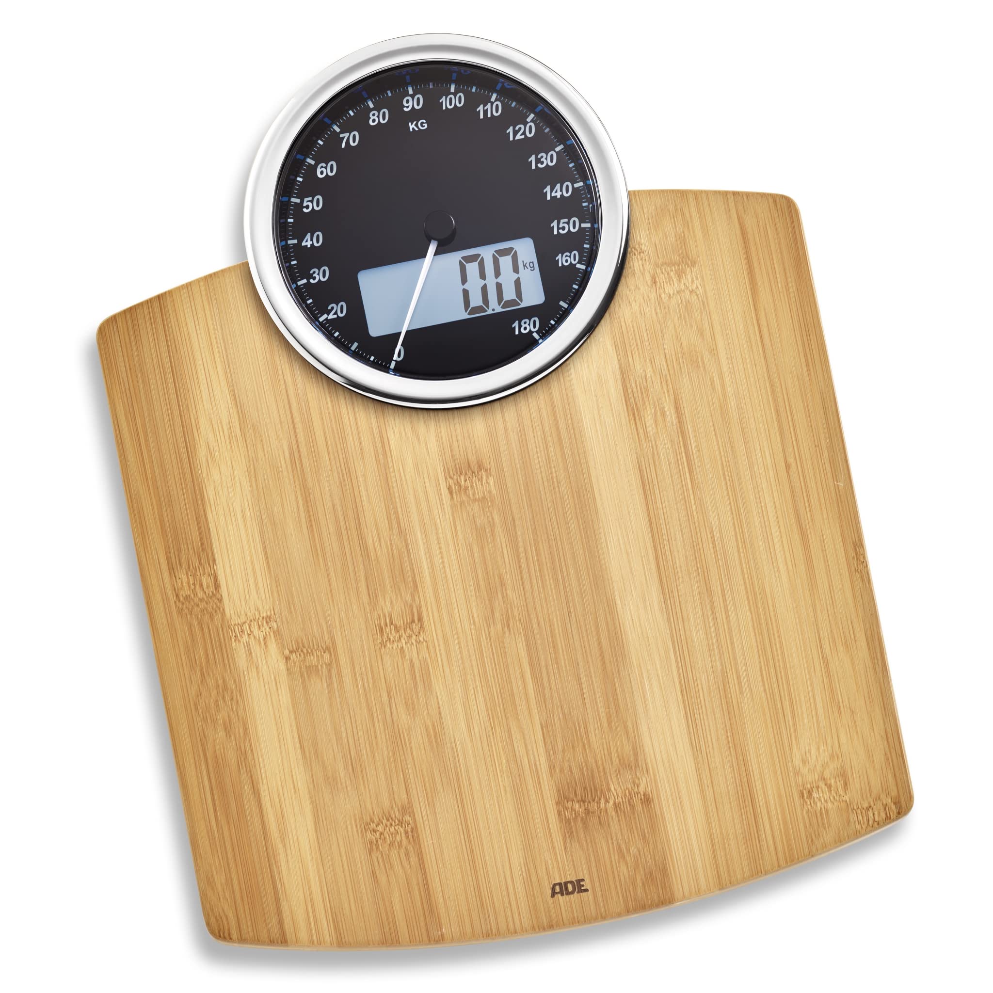 ADE Balance Pese personne numérique avec affichage analogique | grand écran | résultats très précis jusqu'à 180 kg | surface de pesée en véritable bois de bambou