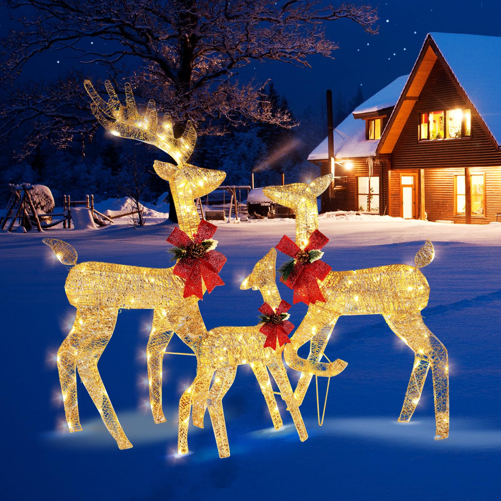 VINGLI Lighted Christmas Reindeer Family Set Outdoor Decorations Pre-lit 270 LED Lights, Weather Proof Gold Deer Family Set of 3 Indoor Home Outdoor Yard Decor