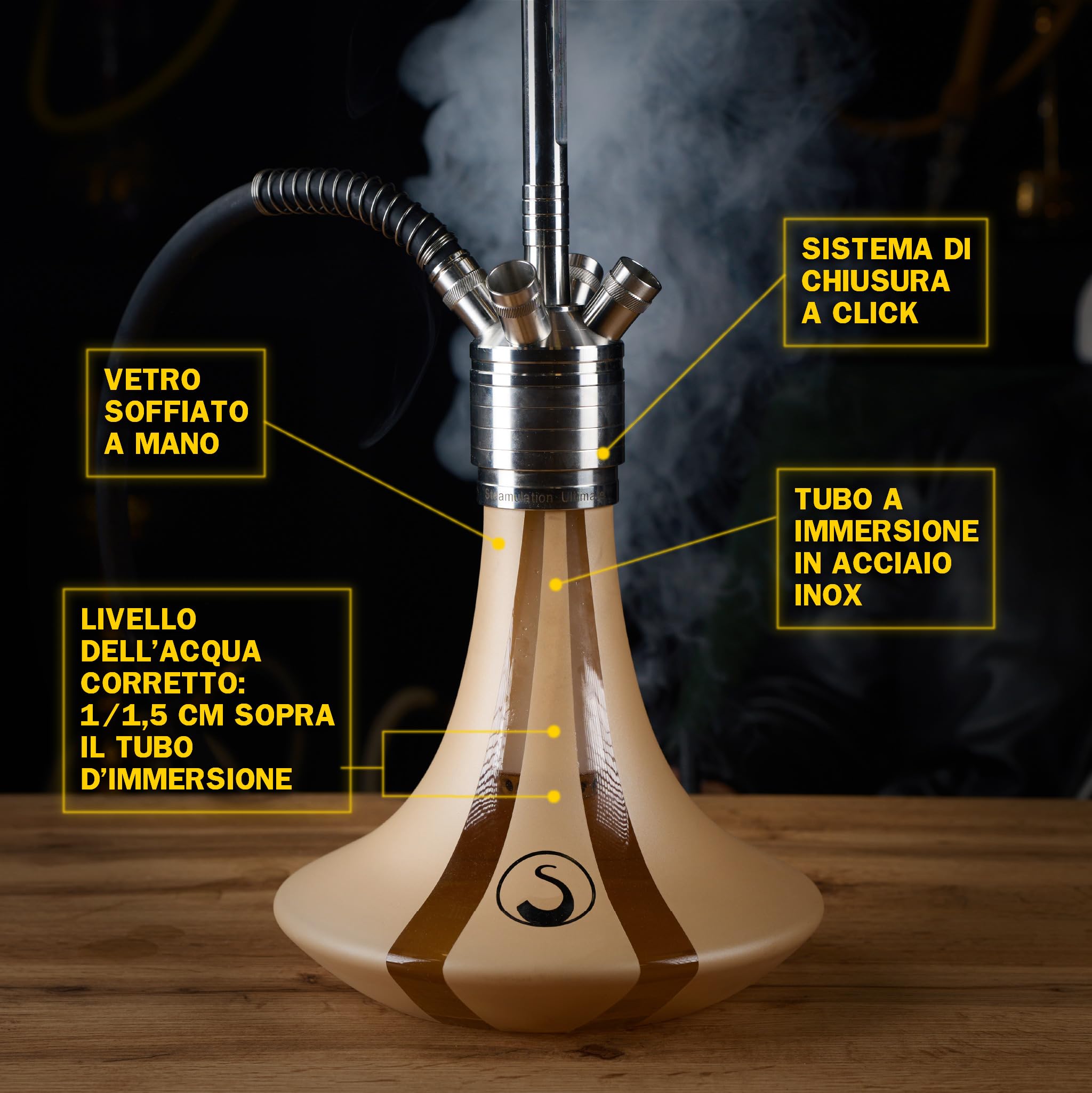 Steamulation Cachimba Ultimate Gold Metallic Gen.I | Shisha de Acero Inoxidable con Manguera de Silicona, Boquilla, Pinza, Cazoleta de Piedra HMD + 1 kg Carbón Cocobration 27 mm