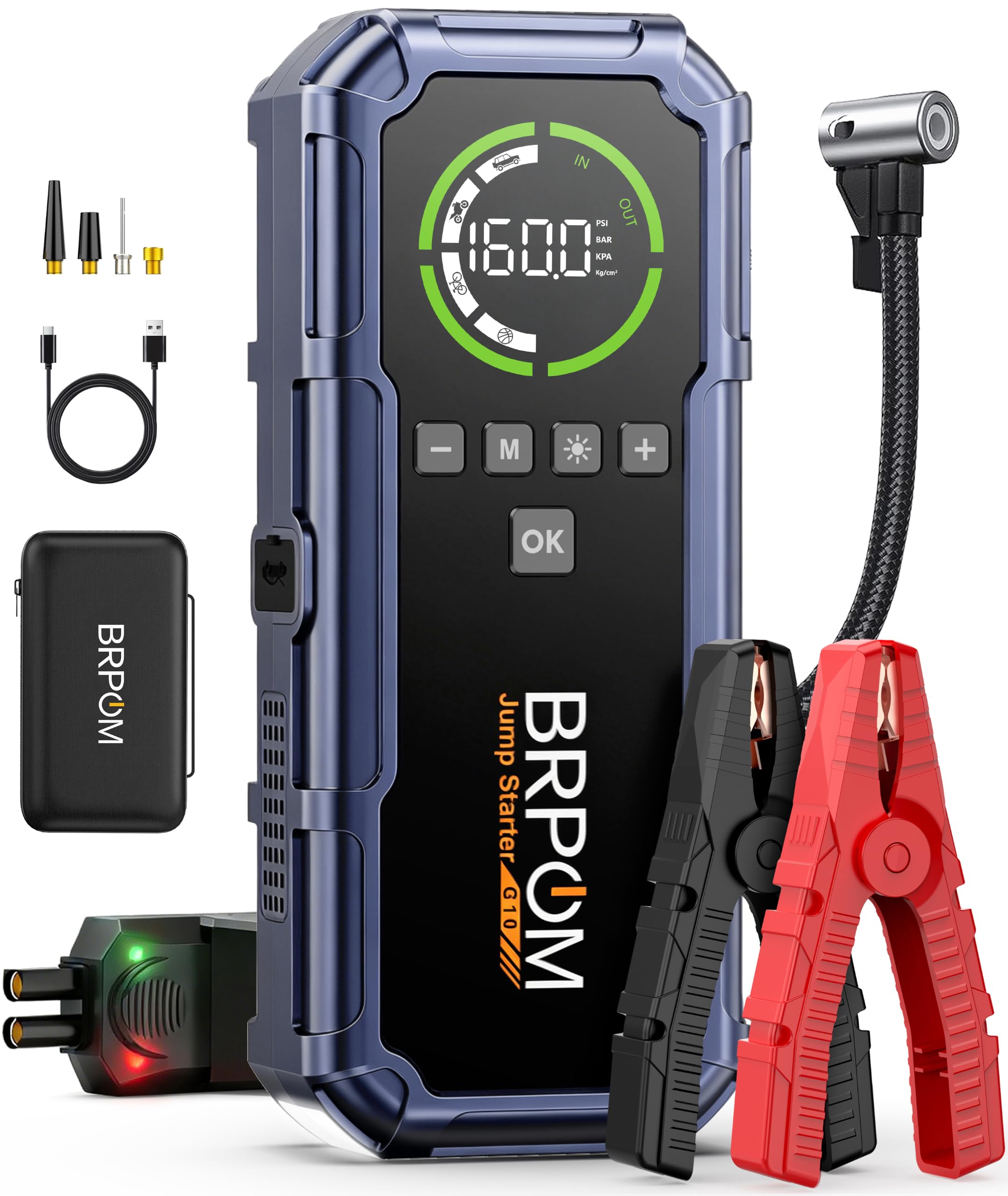 BRPOM Starthilfe Powerbank für Pkw mit Kompressor 160PSI,8000A Auto Starthilfe Powerbank für All Benzin und 12.0L Dieselmotor,Starter Powerbank Eingang/Ausgang und 600LUM LED-Licht Lila