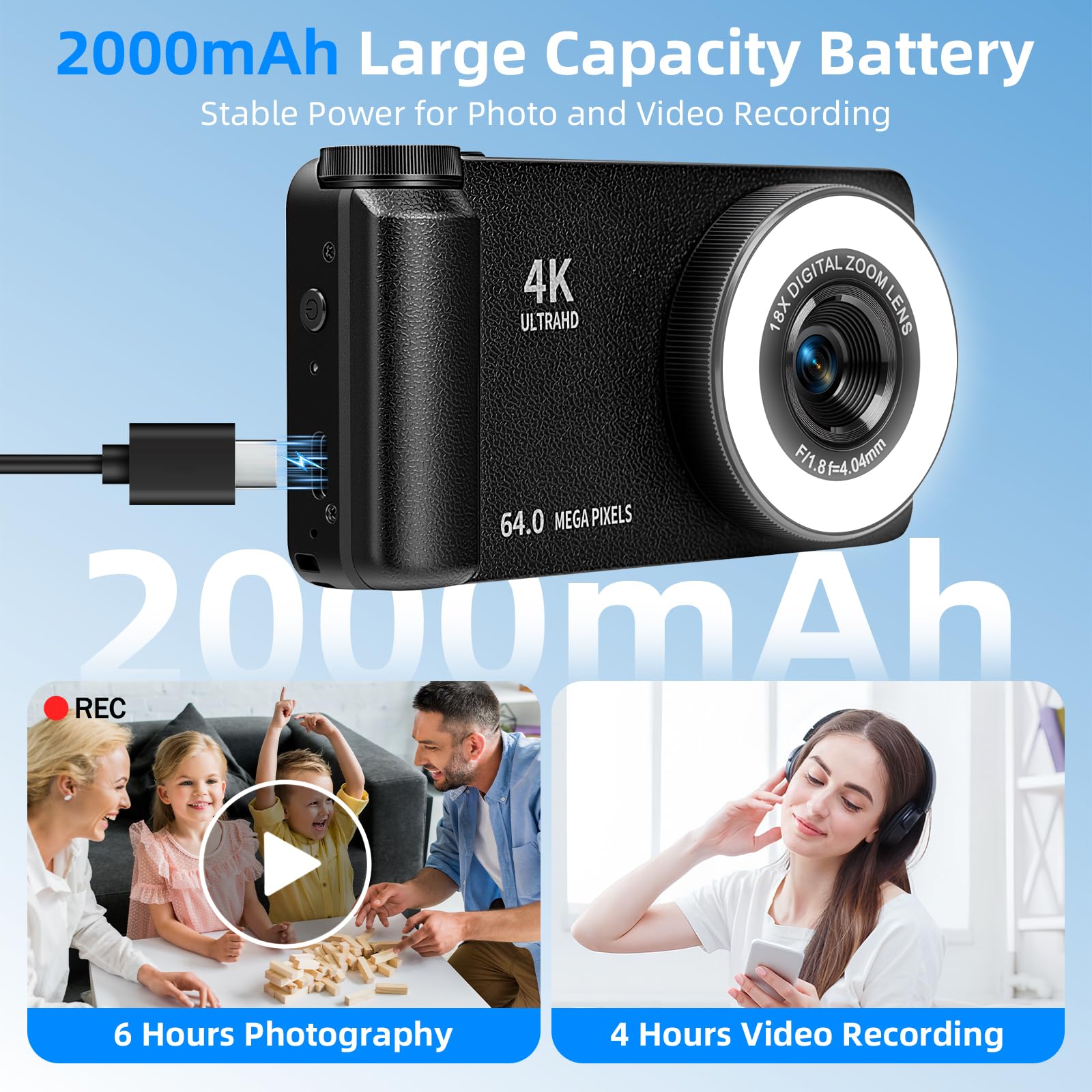 4K 64MP Digitalkamera mit Beauty Licht & Schönheitsmodus Autofokus Kamera Fotokamera Kompakte Vlogging Kamera 3 Zoll 180° Flip Bildschirm 18X Digitalzoom 20 Filter 32G Karte für Kinder Jugendliche